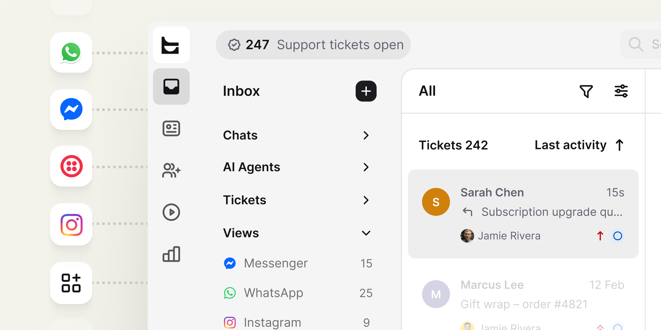 Messaging channels feeding one Text inbox where the AI agent and support teams work the same queue