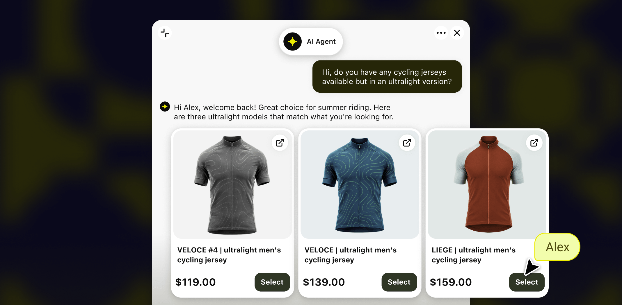 AI agent answering a customer question about ultralight cycling jerseys with three product recommendations, prices, and select buttons