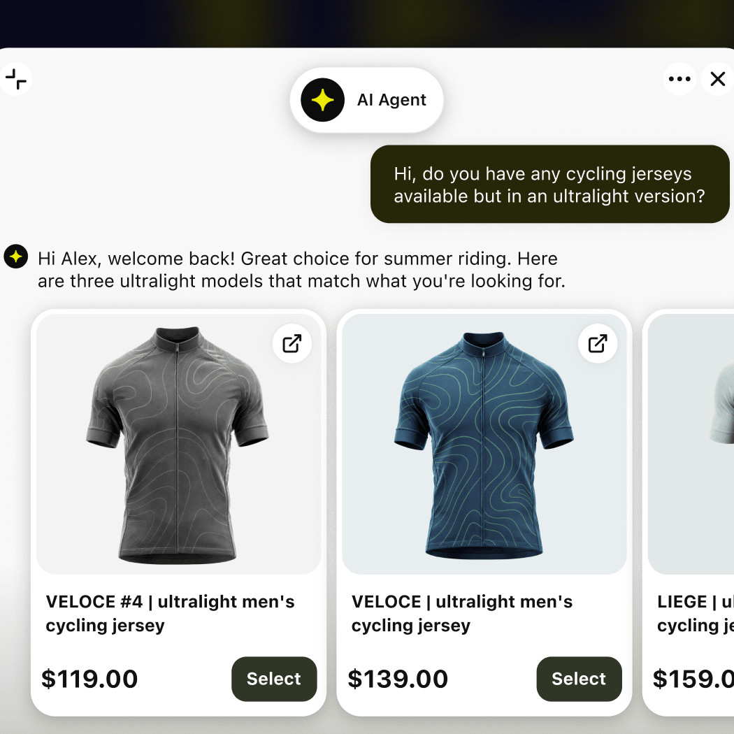 AI agent answering a customer question with ultralight cycling jersey recommendations and prices