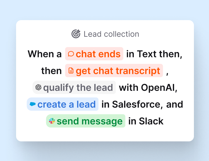 Multi-step skill that gets the chat transcript, qualifies the lead with AI, creates it in Salesforce, and posts to Slack