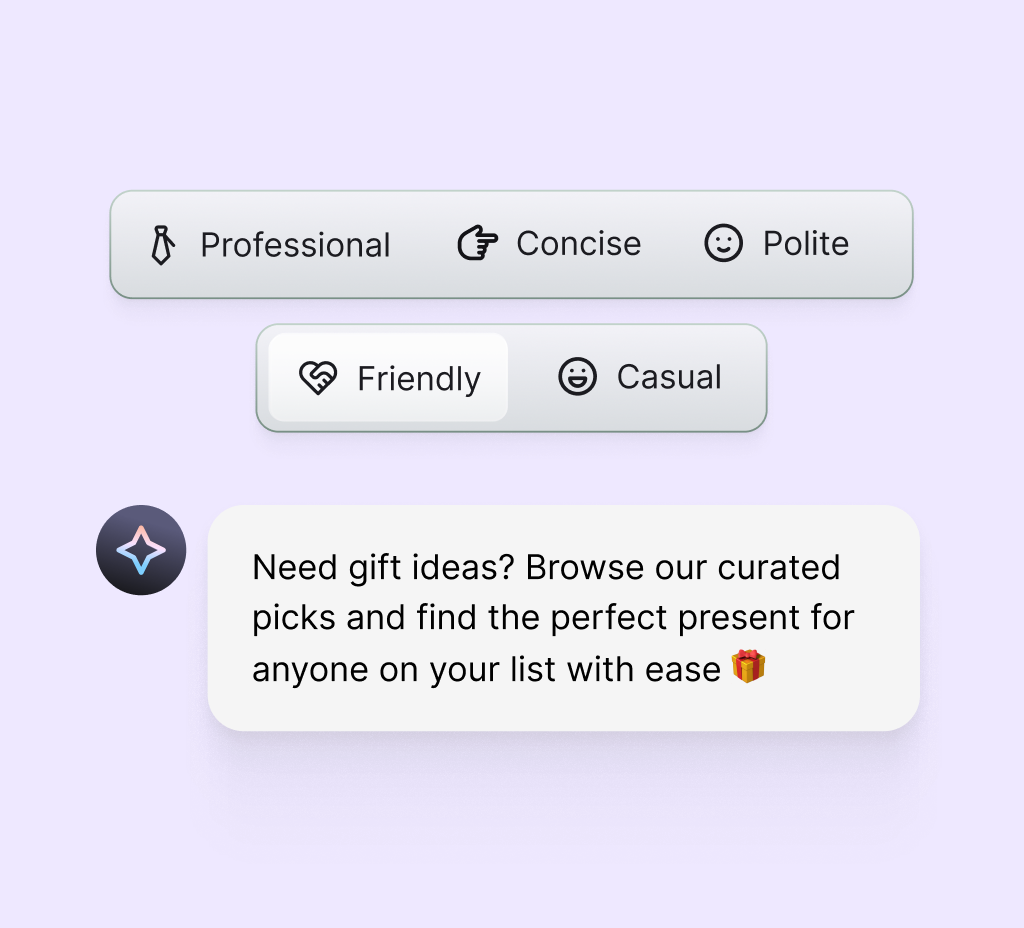 AI-drafted reply tagged with the language, answer length, and tone of voice rules applied to it