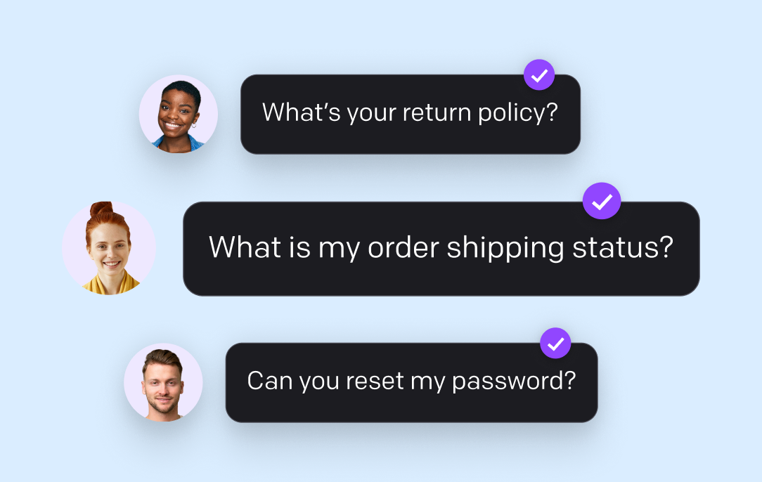 Routine customer questions marked resolved by the AI agent: return policy, order shipping status, and a password reset