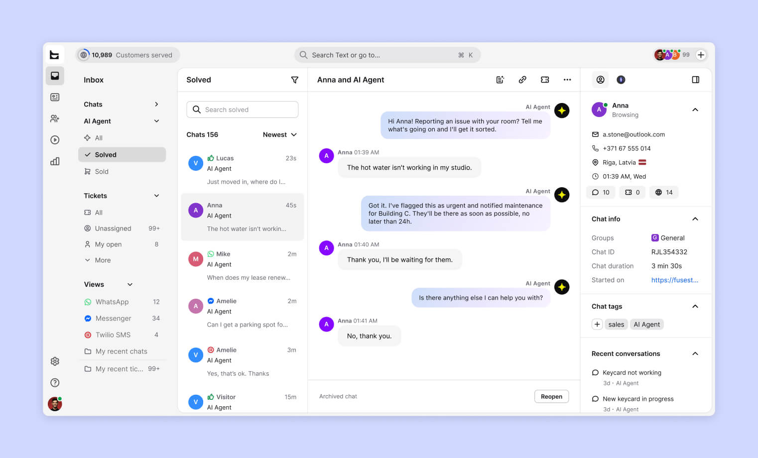 Text inbox where the AI agent resolves student housing chats, with AI agent views, a solved queue, and a customers served counter