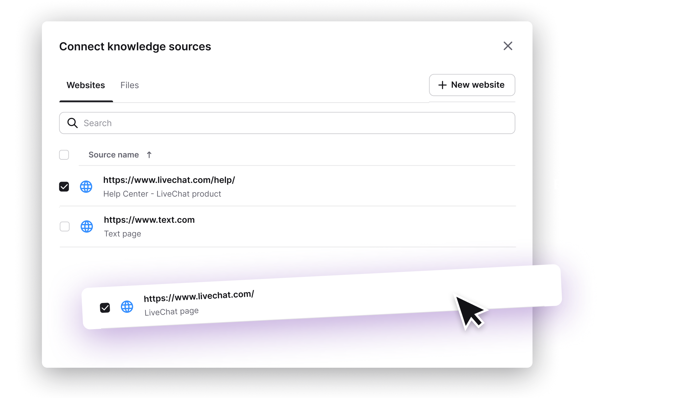 'AI Knowledge' section in the ChatBot app. This section is dedicated to setting up an AI chatbot by creating a custom AI model based on the provided data. The section includes four tabs for different types of content sources: Websites, Articles, KnowledgeBase, and Zendesk. An example shows the process of adding a new web page from a website to train the model. ChatBot's AI Assist will use the collected information to answer customers' questions.
