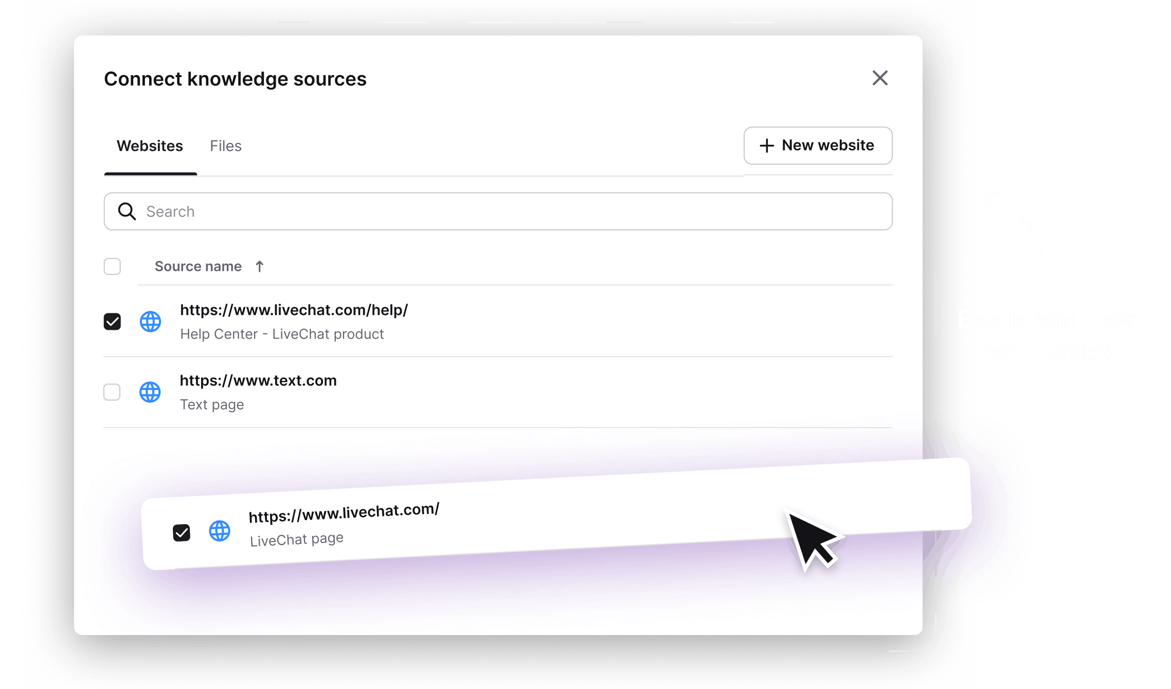 'AI Knowledge' section in the ChatBot app. This section is dedicated to setting up an AI chatbot by creating a custom AI model based on the provided data. The section includes four tabs for different types of content sources: Websites, Articles, KnowledgeBase, and Zendesk. An example shows the process of adding a new web page from a website to train the model. ChatBot's AI Assist will use the collected information to answer customers' questions.