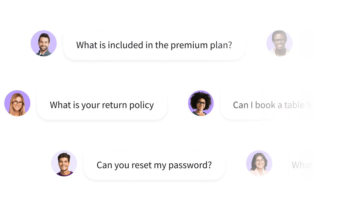 A series of chat bubbles displaying various questions asked by different users in a ChatBot interface.