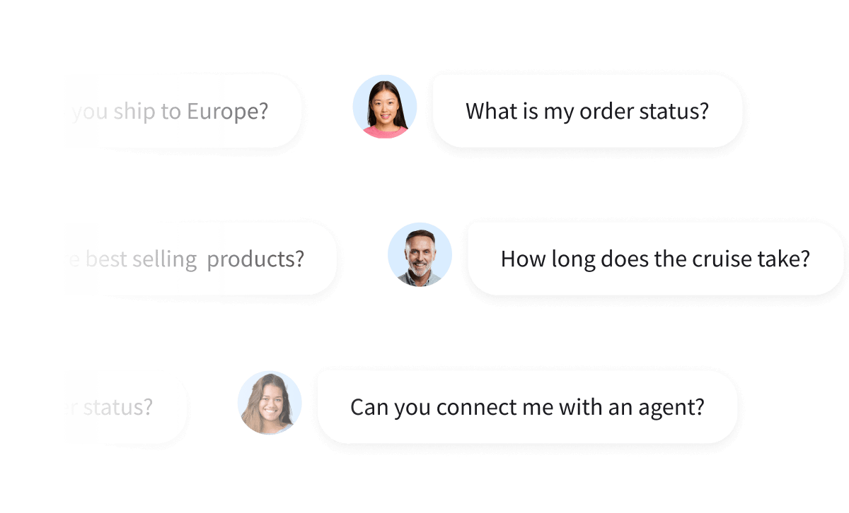 A series of chat bubbles displaying various questions asked by different users in a ChatBot interface.