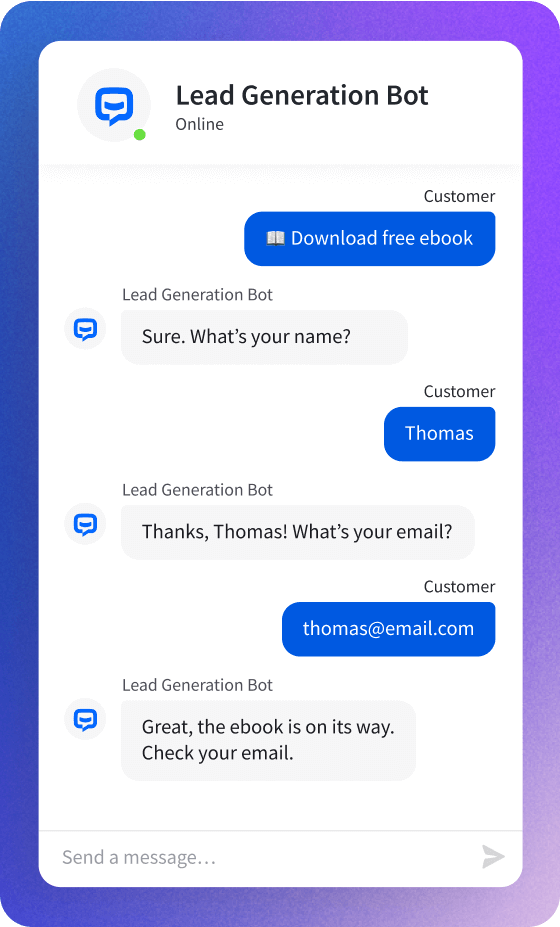 A chatbot window with an AI bot named 'Lead Generation Bot' guiding a customer through the process of downloading a free ebook by asking for their name and email address, then confirming the ebook has been sent.