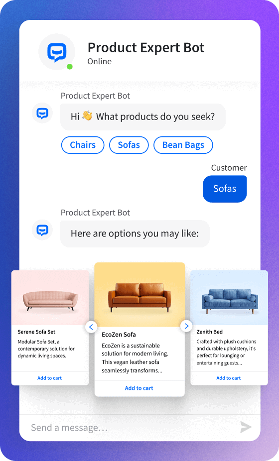A chat widget with a chatbot named 'Product Expert Bot' asking a customer what products they are looking for, displaying options like chairs, sofas, and bean bags, followed by product recommendations including descriptions and 'Add to cart' buttons.