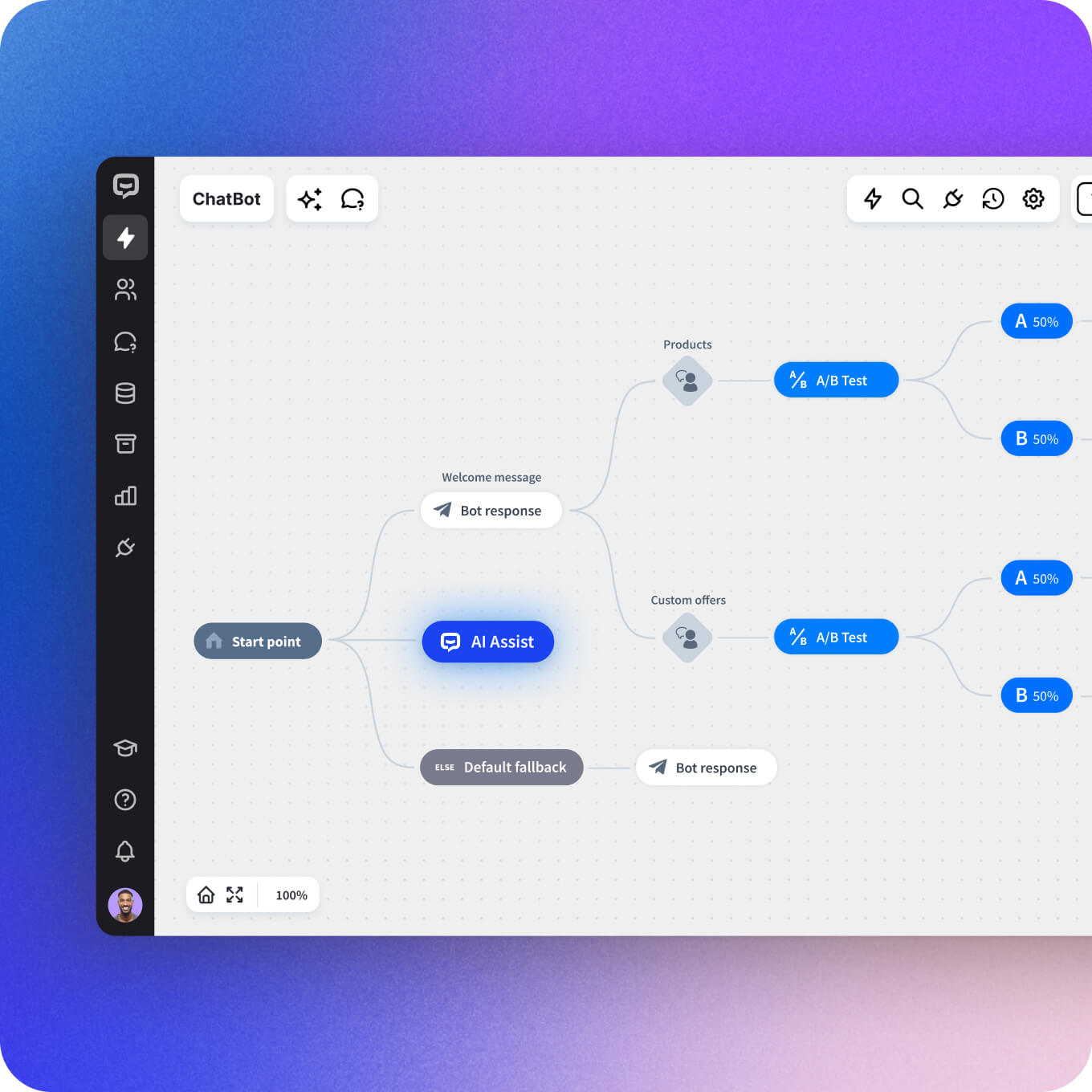 Interface of a ChatBot application displaying a custom chatbot flow created using ChatBot's Visual Builder.