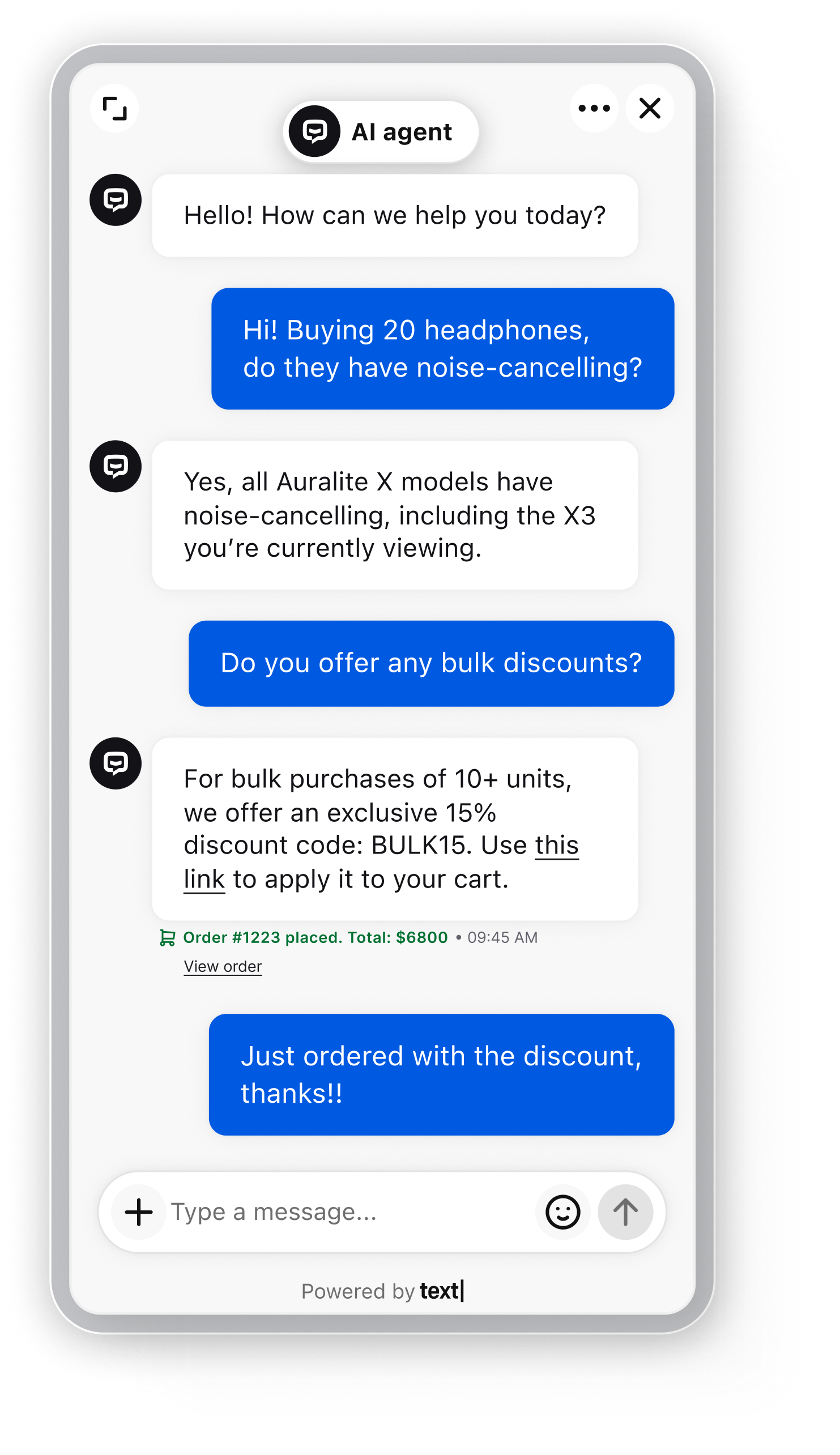 AI chatbot interface showing a conversation between a customer and AI Assist