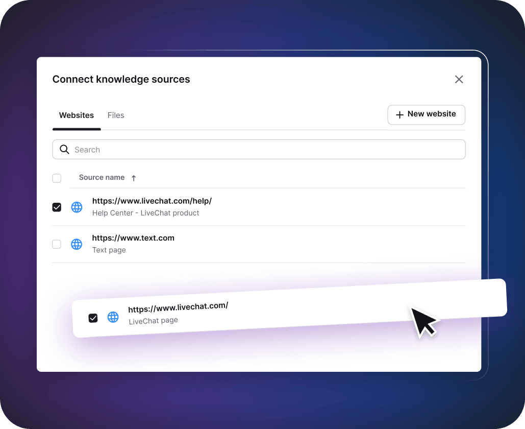 'AI Knowledge' section in the ChatBot app. This section is dedicated to setting up an AI chatbot by creating a custom AI model based on the provided data. The section includes four tabs for different types of content sources: Websites, Articles, KnowledgeBase, and Zendesk. An example shows the process of adding a new web page from a website to train the model. ChatBot's AI Assist will use the collected information to answer customers' questions.