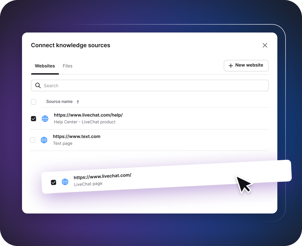 'AI Knowledge' section in the ChatBot app. This section is dedicated to setting up an AI chatbot by creating a custom AI model based on the provided data. The section includes four tabs for different types of content sources: Websites, Articles, KnowledgeBase, and Zendesk. An example shows the process of adding a new web page from a website to train the model. ChatBot's AI Assist will use the collected information to answer customers' questions.