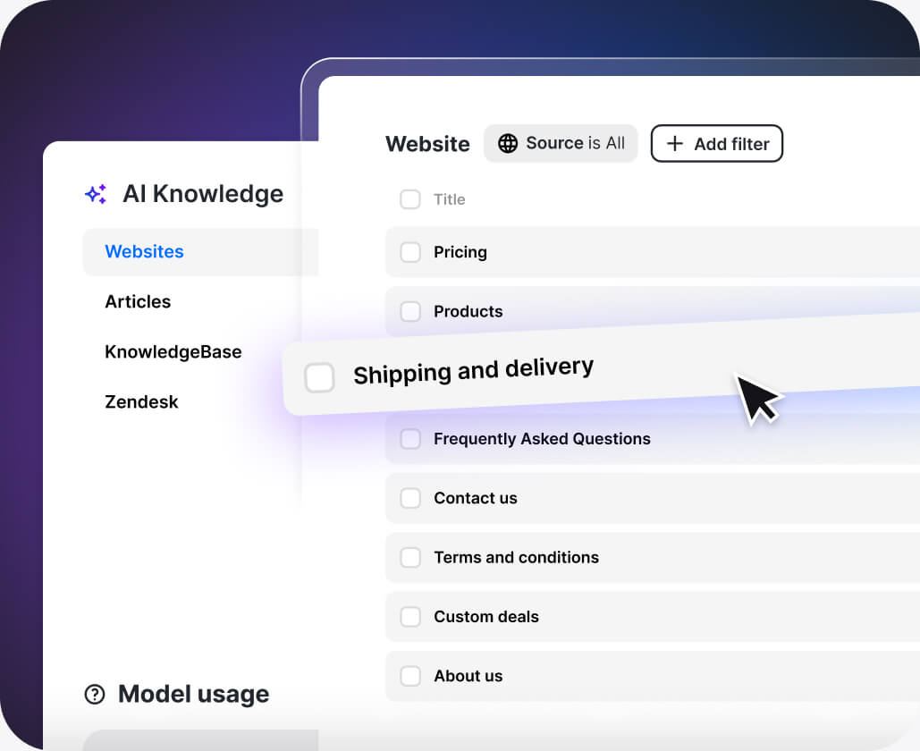 'AI Knowledge' section in the ChatBot app. This section is dedicated to setting up an AI chatbot by creating a custom AI model based on the provided data. The section includes four tabs for different types of content sources: Websites, Articles, KnowledgeBase, and Zendesk. An example shows the process of adding a new web page from a website to train the model. ChatBot's AI Assist will use the collected information to answer customers' questions.