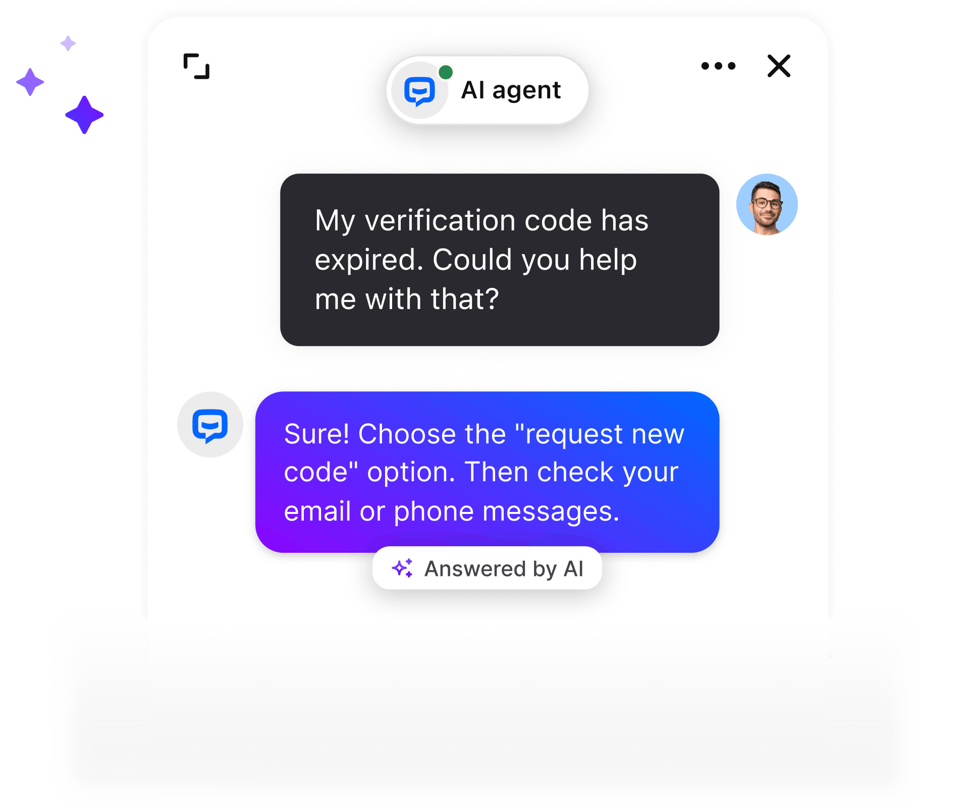 An AI-powered chat interface showing a conversation between a customer and ChatBot AI Assist. The customer asks, 'My verification code has expired. Could you help me with that?' AI Assist responds, 'Sure! Choose the 'Request New Code' option. Then check your email or phone messages.