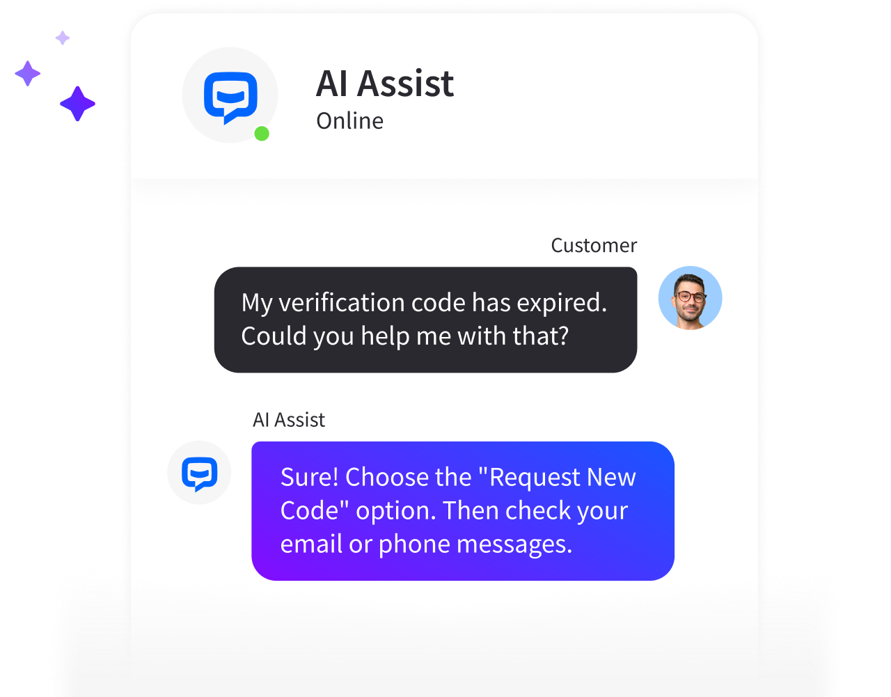 An AI-powered chat interface showing a conversation between a customer and ChatBot AI Assist. The customer asks, 'My verification code has expired. Could you help me with that?' AI Assist responds, 'Sure! Choose the 'Request New Code' option. Then check your email or phone messages.
