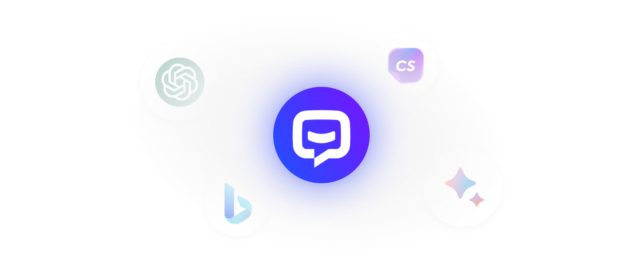 Logos of conversational AI services: ChatBot, OpenAI ChatGPT, Google Bard, Bing AI, and ChatSonic.