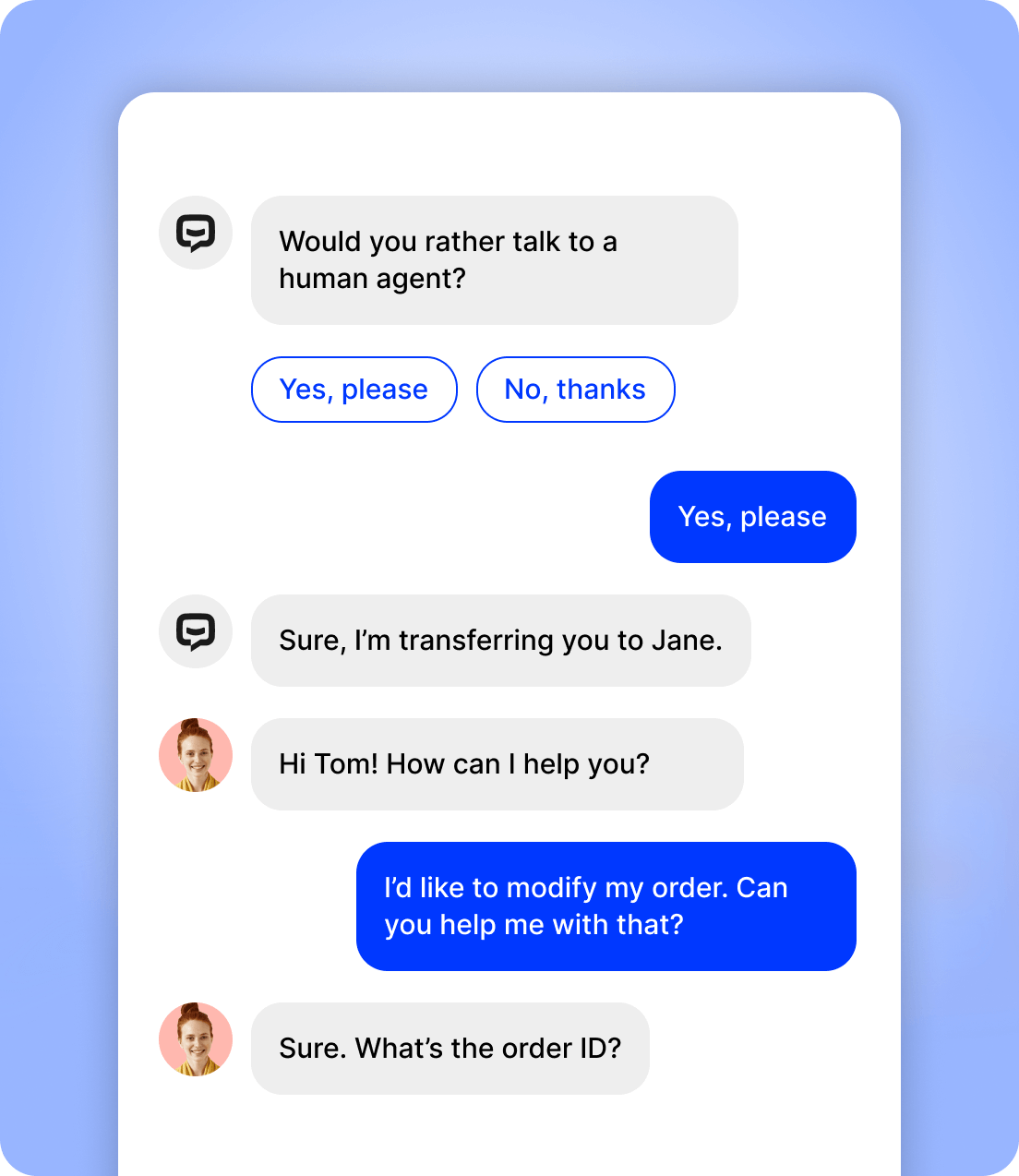 The application screenshot of an AI chatbot transfer to a live chat human support agent