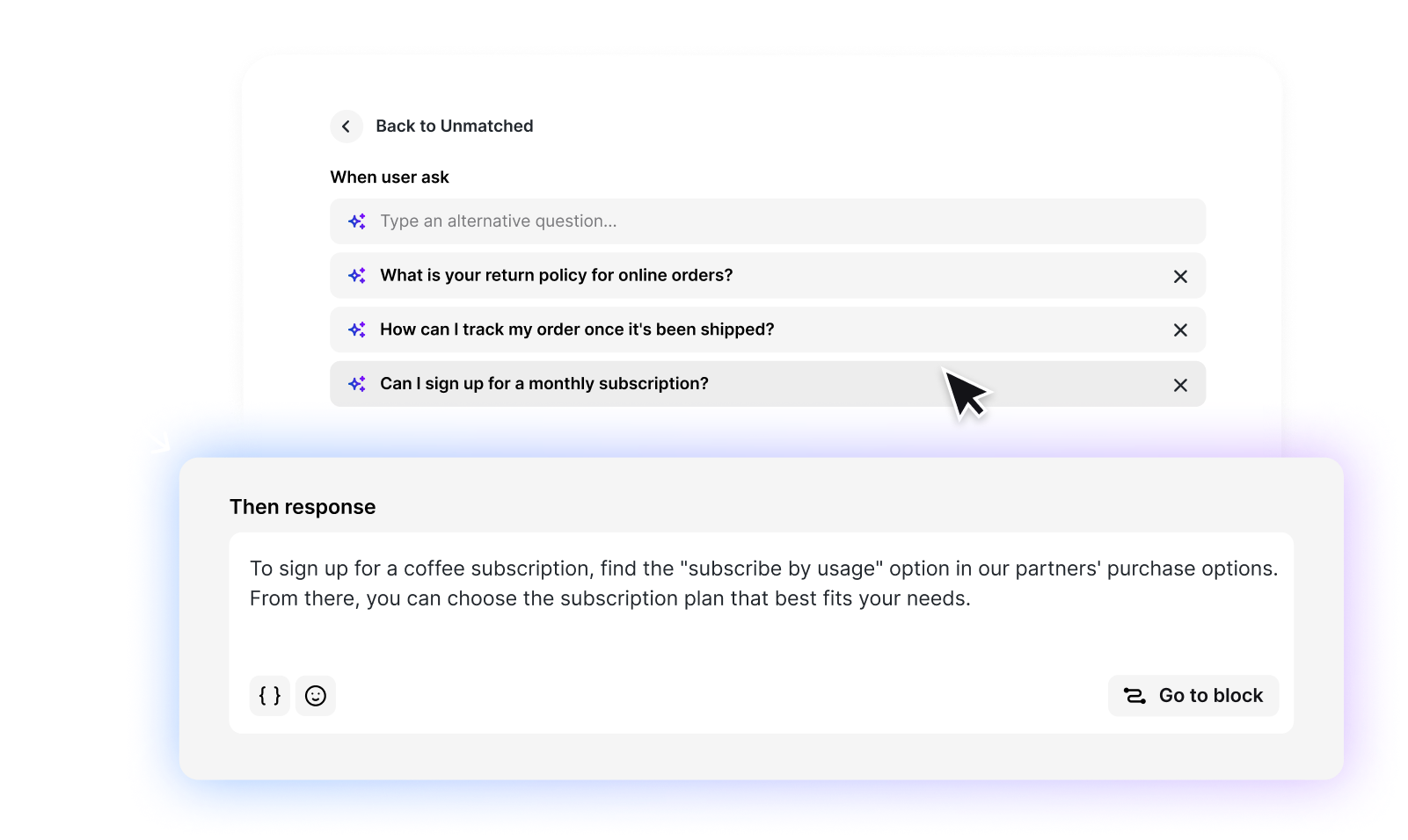 'Traning' section in the ChatBot app with examples of questions which can be asked by customers in chats.