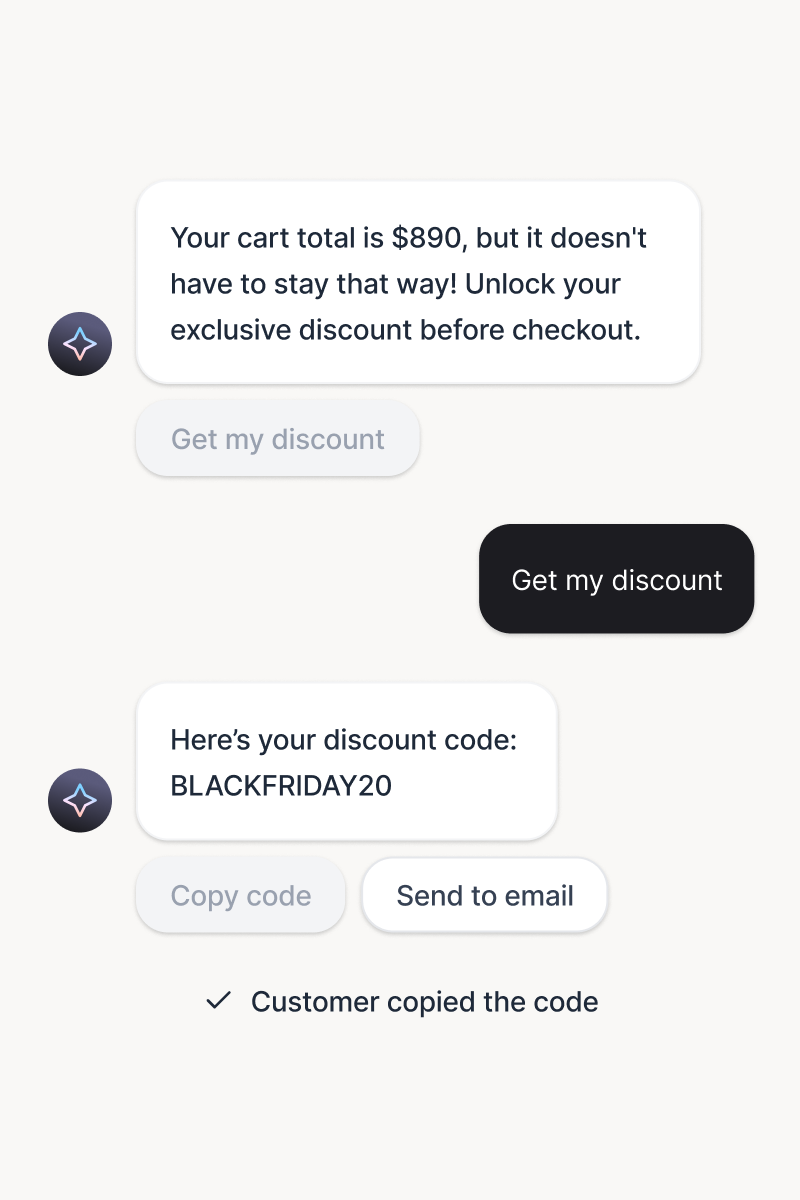 An automated chat between an AI sales agent and a customer, sharing a discount code and demonstrating how AI messaging tools assist with checkout and conversion optimization.