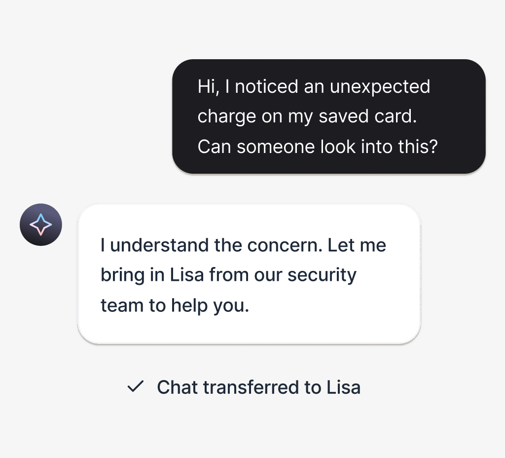 AI agent instantly answering a billing question and transferring the chat to a human agent