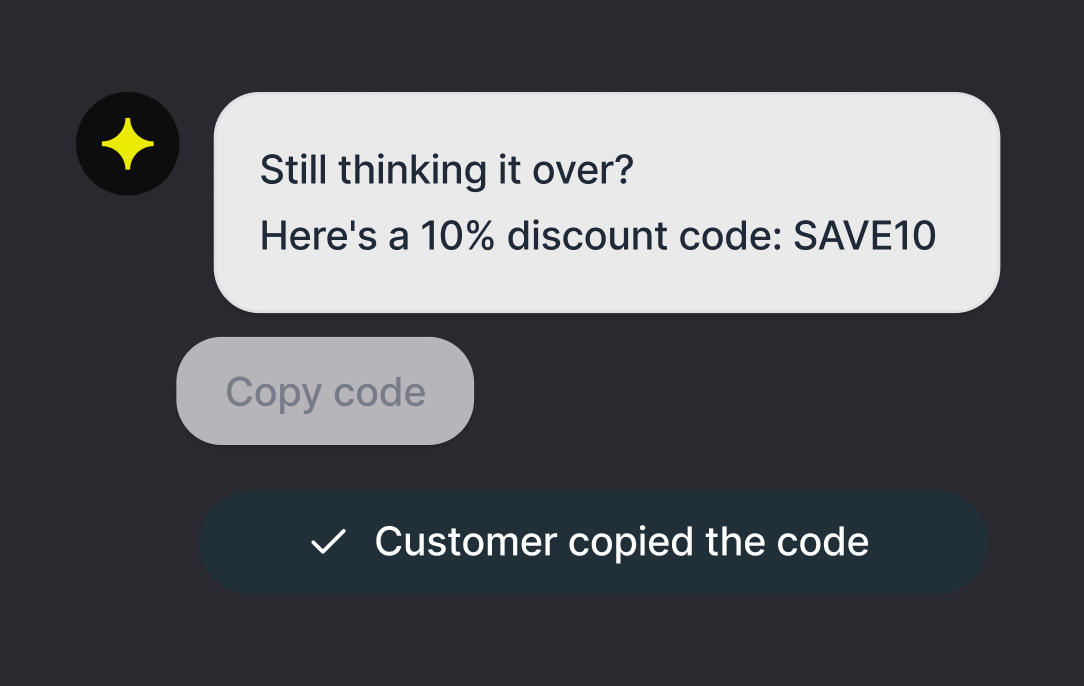 AI agent offering a discount code with a copy button, confirmed as copied by the customer