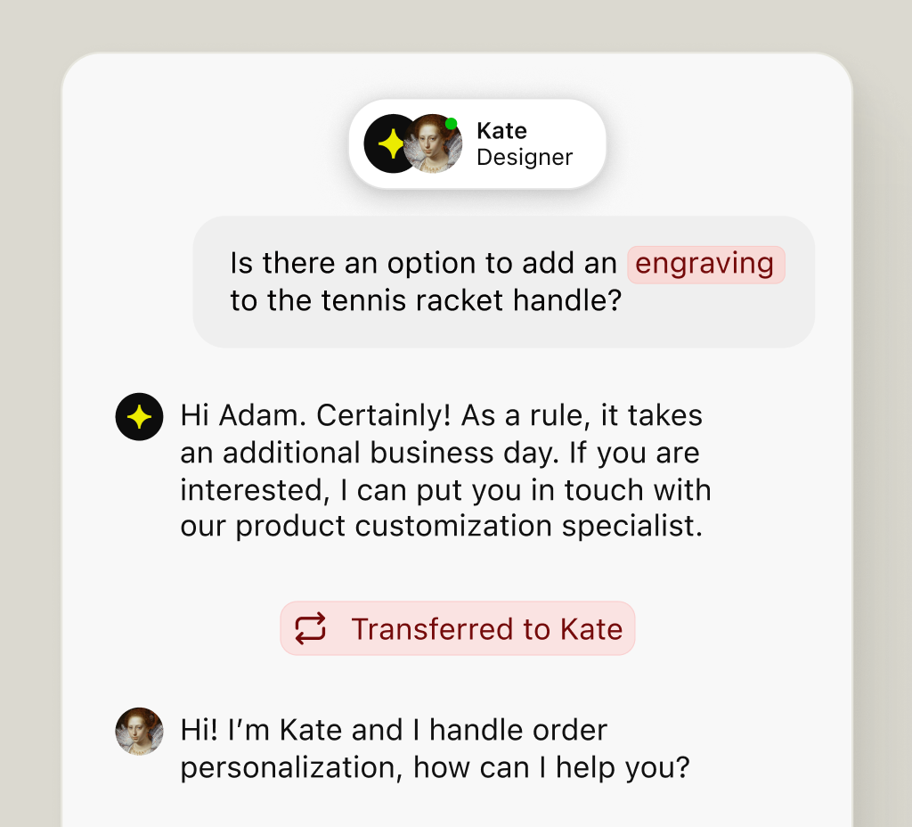 AI agent answering a question and transferring the chat to a specialist teammate