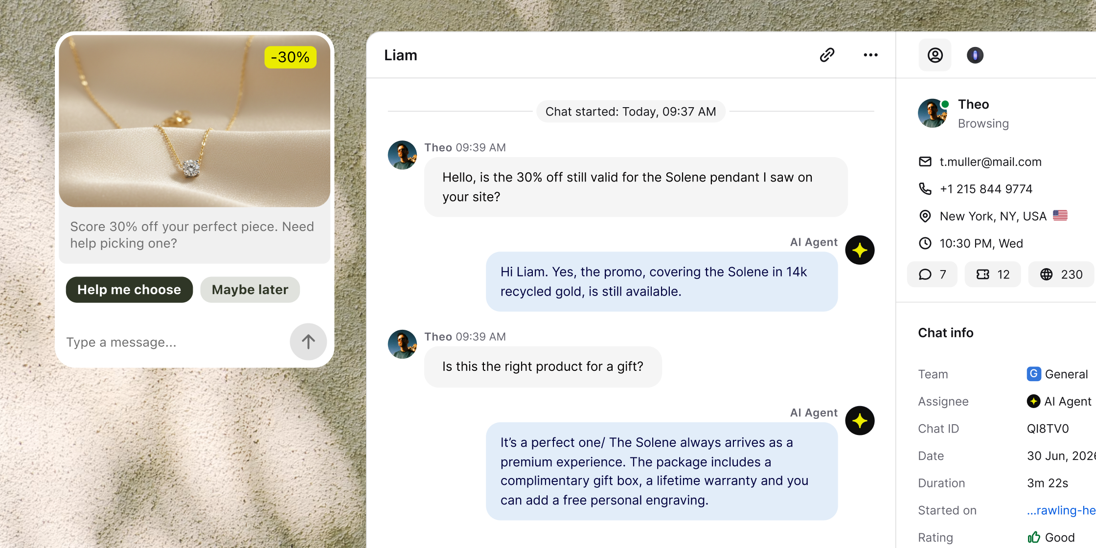 Enterprise AI chatbot resolving a customer conversation next to the visitor profile and controls.