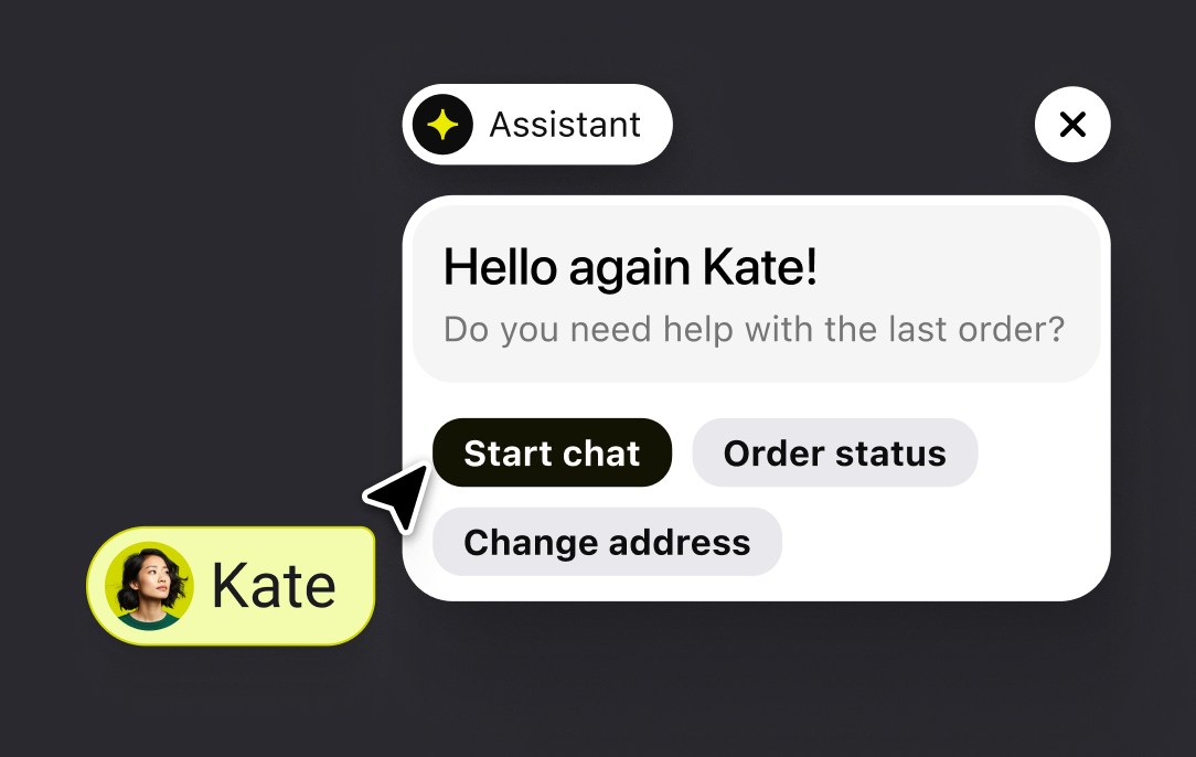 Assistant greeting a returning customer with quick actions to start a chat or check an order