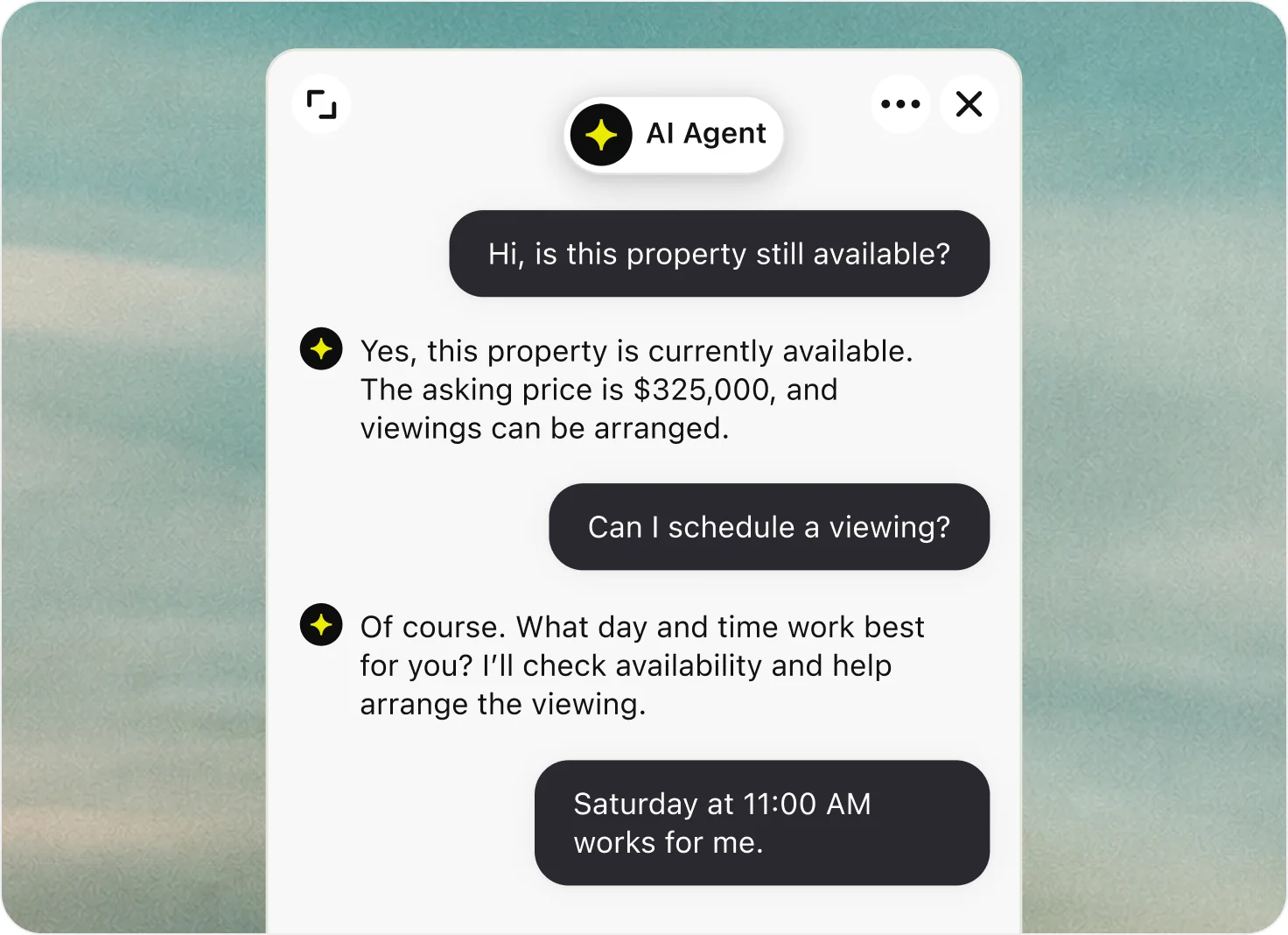 Chat widget where the AI agent confirms a property is available, quotes the asking price, and schedules a viewing for Saturday at 11:00 AM.