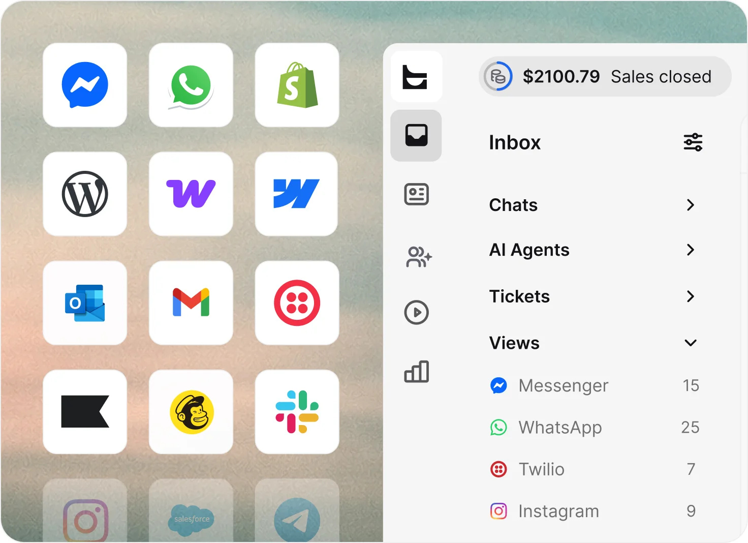Messenger, WhatsApp, Shopify, WordPress, Gmail, Slack, and other channel icons next to the ChatBot inbox listing chats from Messenger, WhatsApp, Twilio, and Instagram.