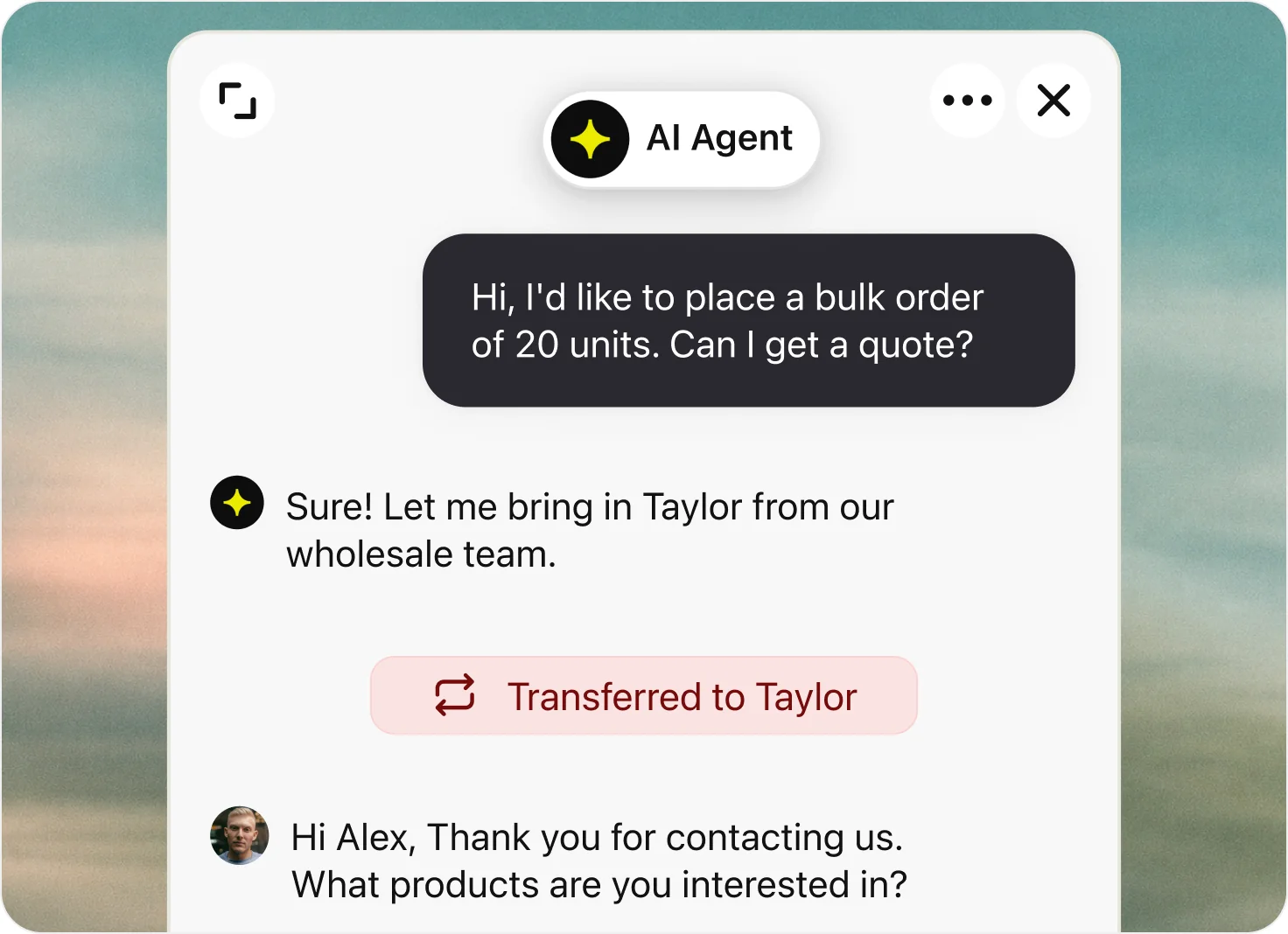 Chat widget where a customer asks for a bulk order quote, the AI agent transfers the chat to Taylor from the wholesale team, and Taylor continues the conversation.