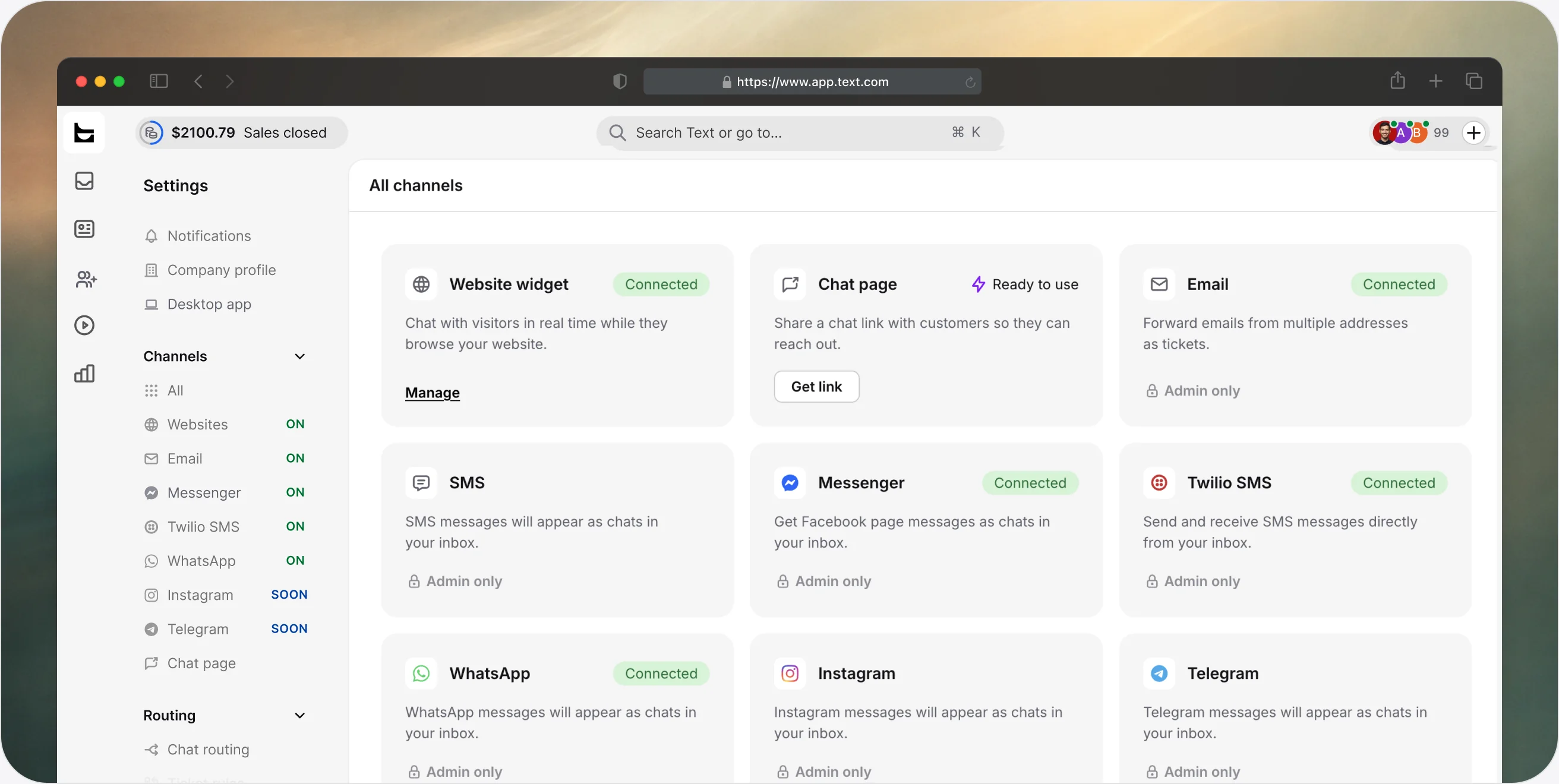 Channels settings in the ChatBot app showing the website widget, chat page, email, SMS, Messenger, Twilio SMS, WhatsApp, Instagram, and Telegram connections.
