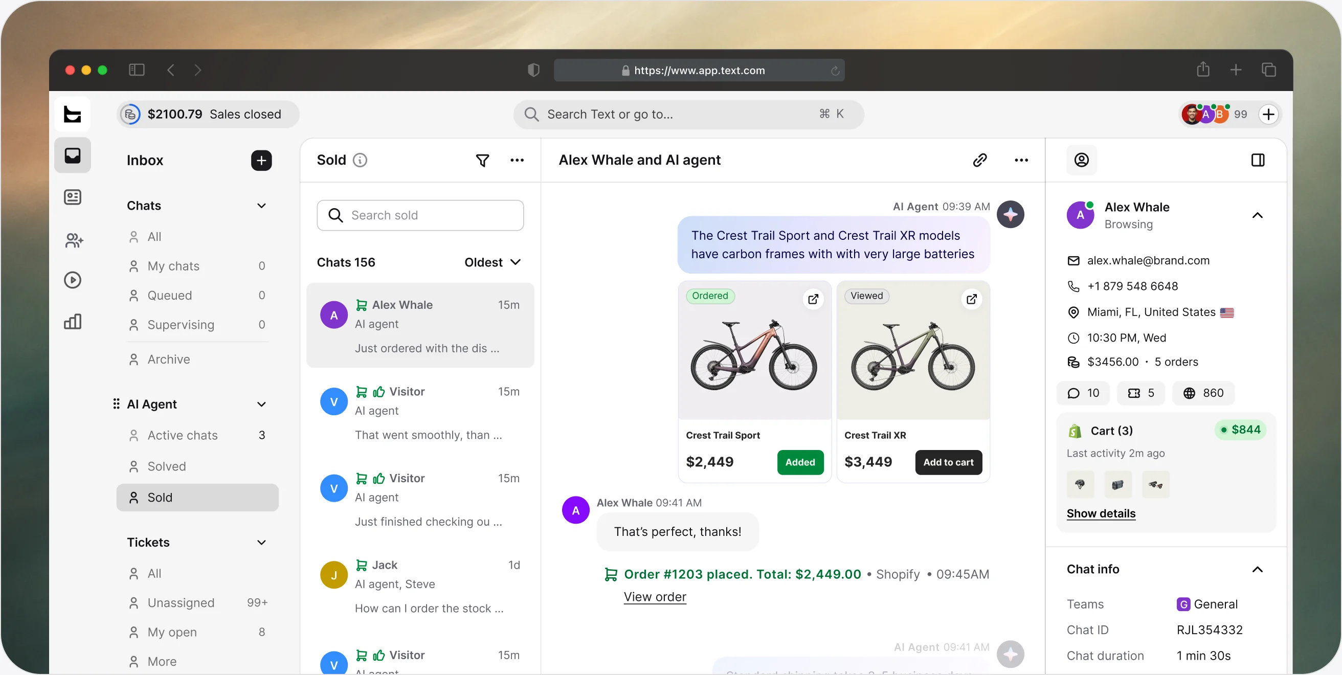 Inbox in the ChatBot app with a sold chat where the AI agent compares two bikes, the customer orders one, and the order confirmation appears in the conversation.