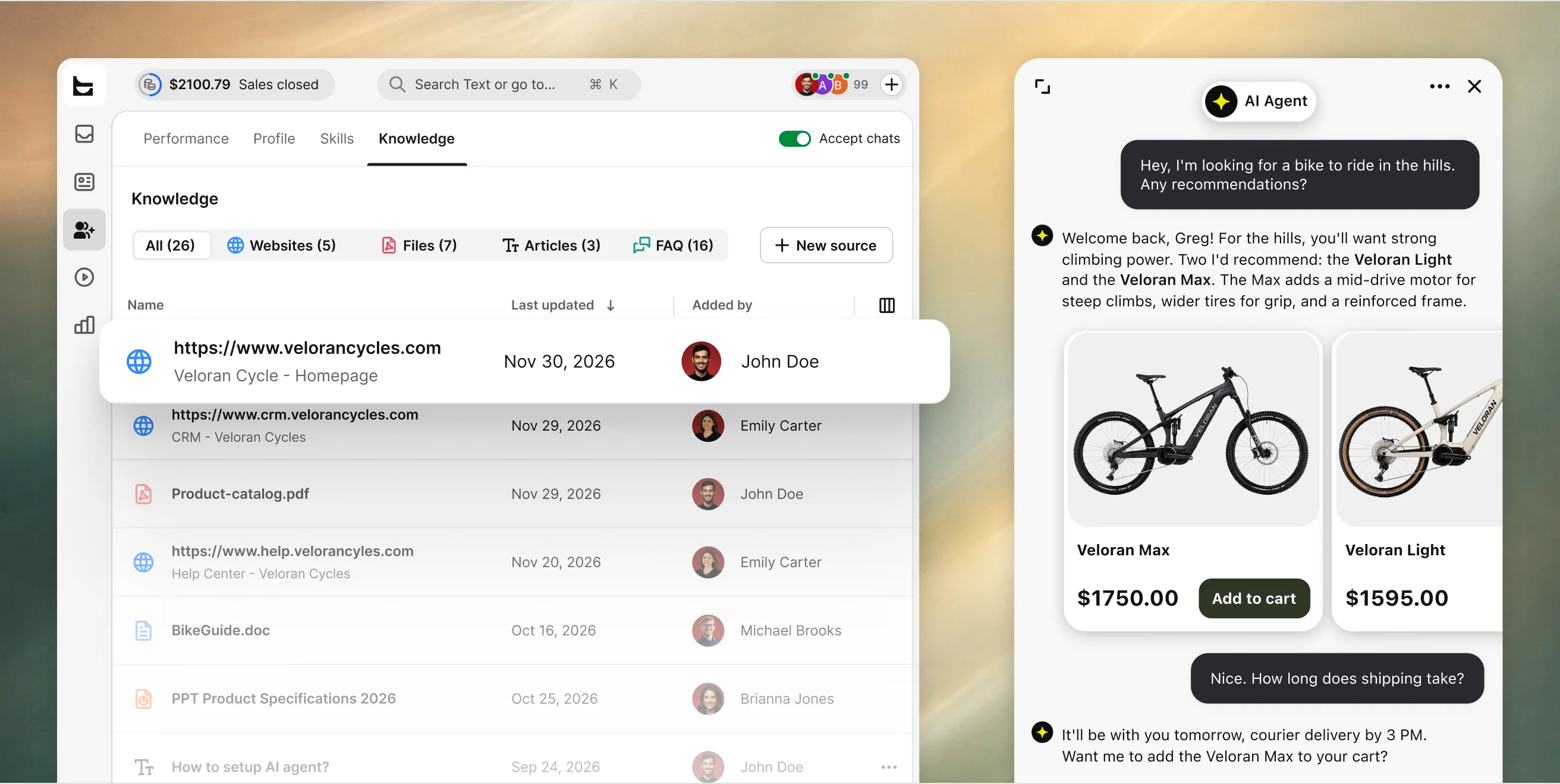 Knowledge tab in the ChatBot app listing trained website, help center, and file sources next to a chat widget where the AI agent recommends two bikes and adds one to the cart.