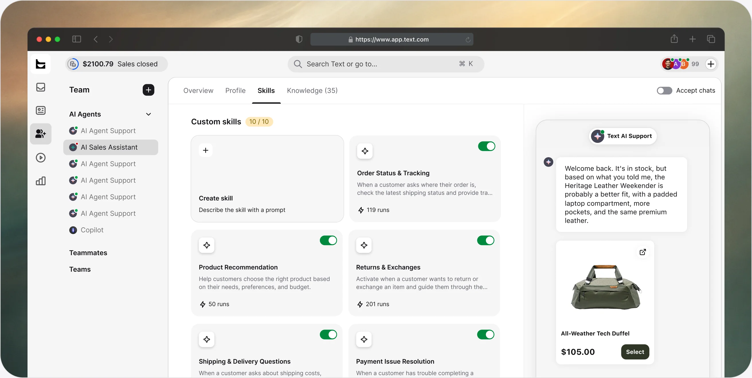 Skills tab in the ChatBot app with custom skills such as product recommendation, returns, and shipping questions, next to a chat where the AI agent suggests a duffel bag.