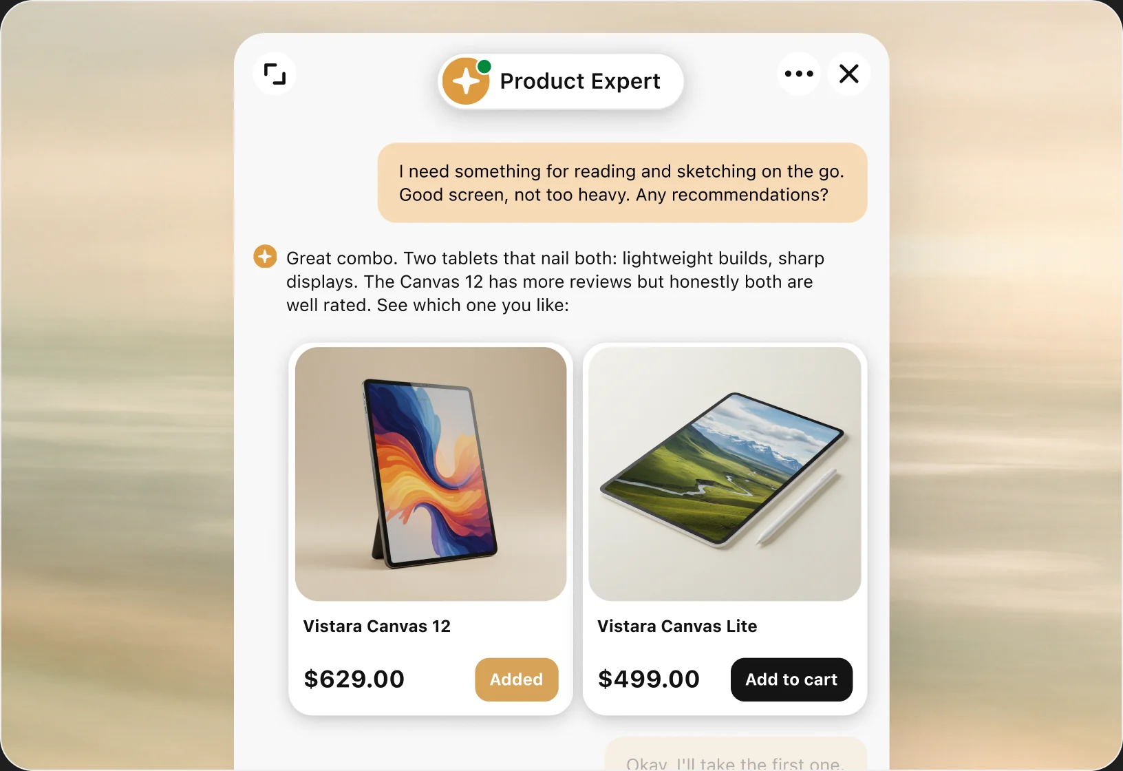 Chat widget where a customer asks for a light tablet for reading and sketching, and the Product Expert AI agent recommends two Vistara Canvas tablets with prices and add to cart buttons.