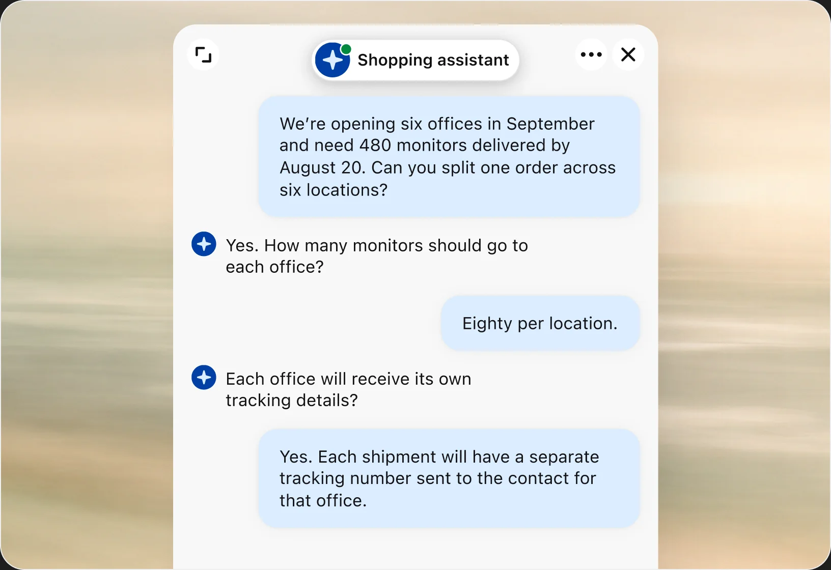 Chat widget where a customer asks to split an order of 480 monitors across six new offices, and the shopping assistant confirms separate tracking details for each location.