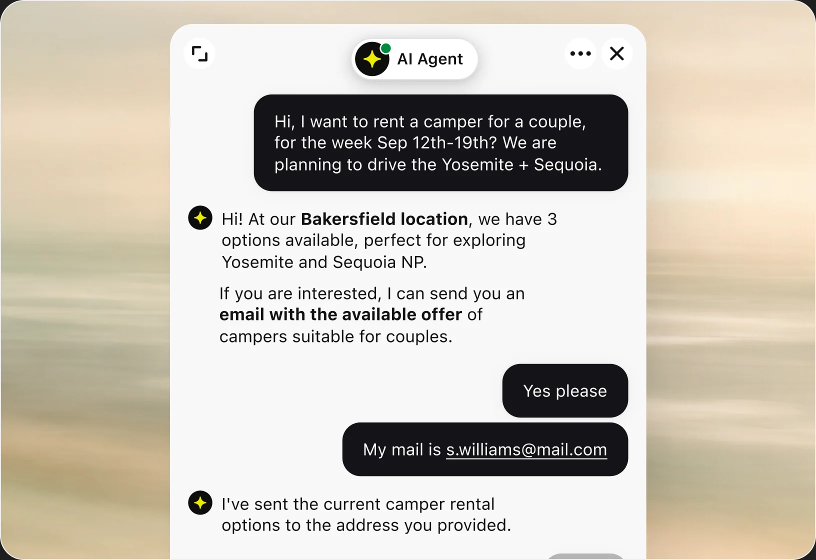 Chat widget where a customer asks about renting a camper for a week, the AI agent lists three options at the Bakersfield location, and emails the offer to the customer.