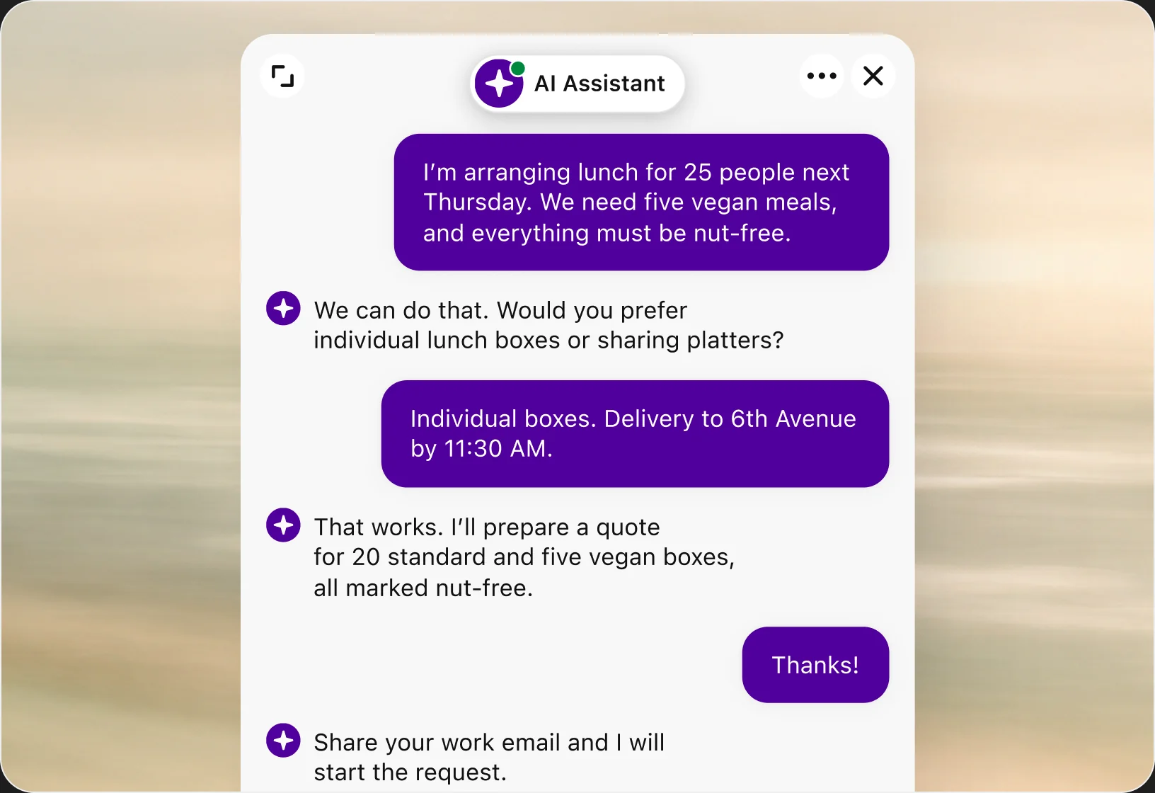 Chat widget where a customer orders lunch boxes for 25 people with five vegan and nut-free meals, and the AI assistant confirms the delivery details and prepares a quote.