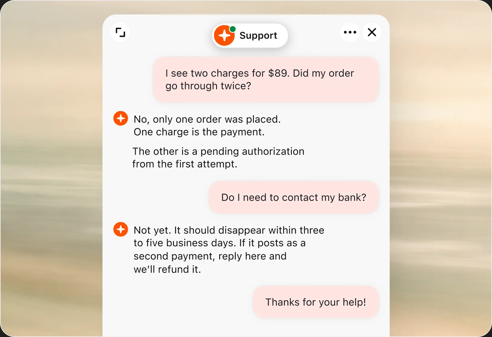 Chat widget where a customer asks about two $89 charges, and the support AI agent explains that one is a pending authorization that will disappear within three to five business days.