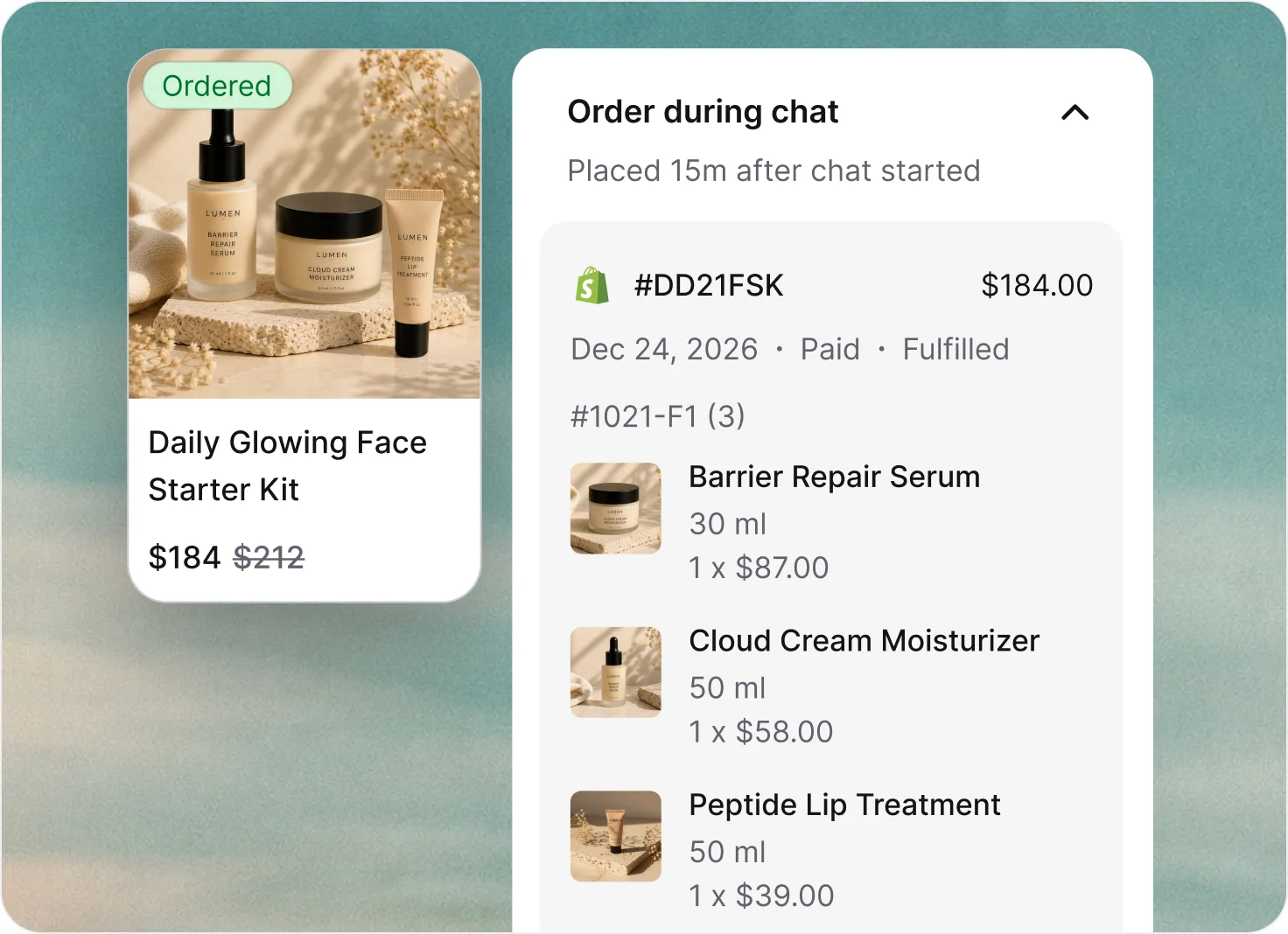 Product card for a skincare starter kit marked as ordered next to an order details panel showing a purchase placed 15 minutes after the chat started.