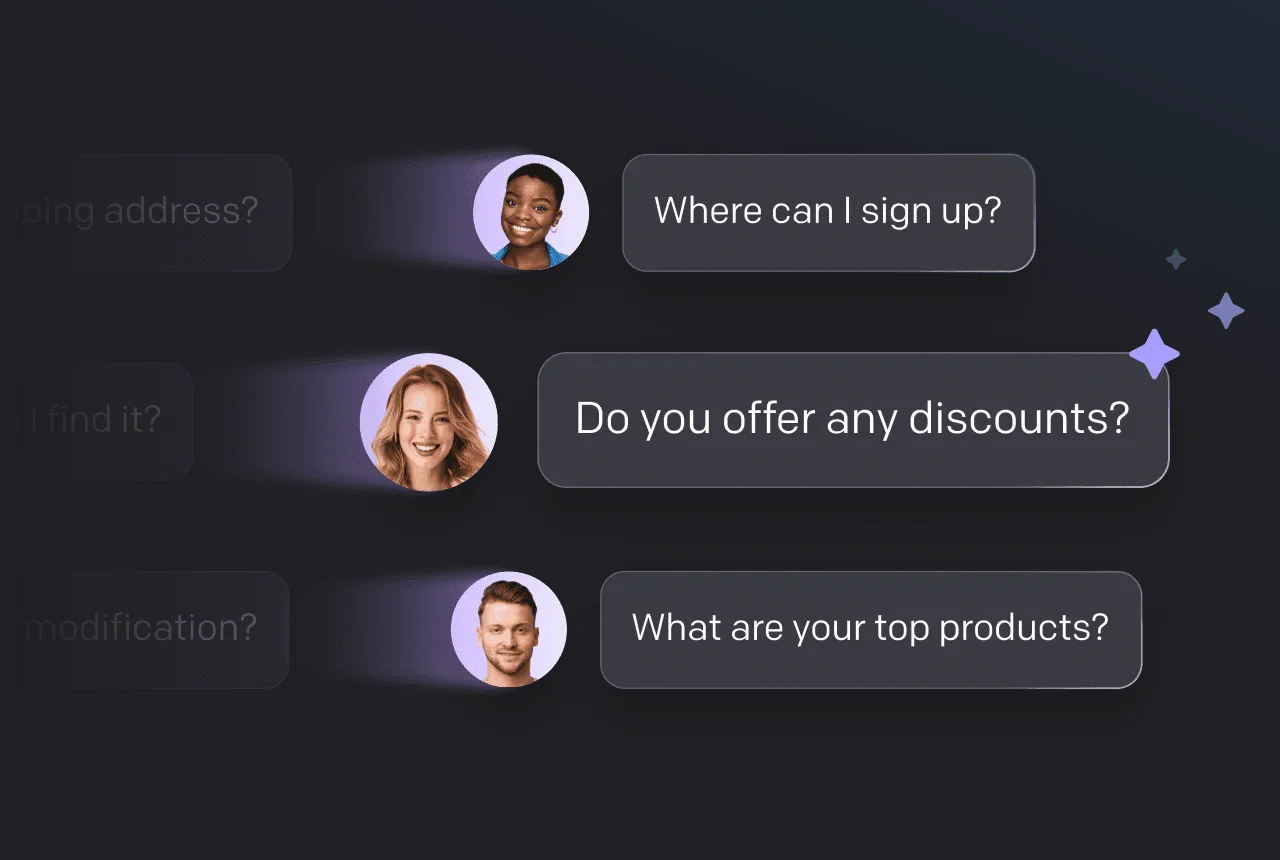 Chat bubbles from three customers asking where to sign up, whether there are discounts, and what the top products are.
