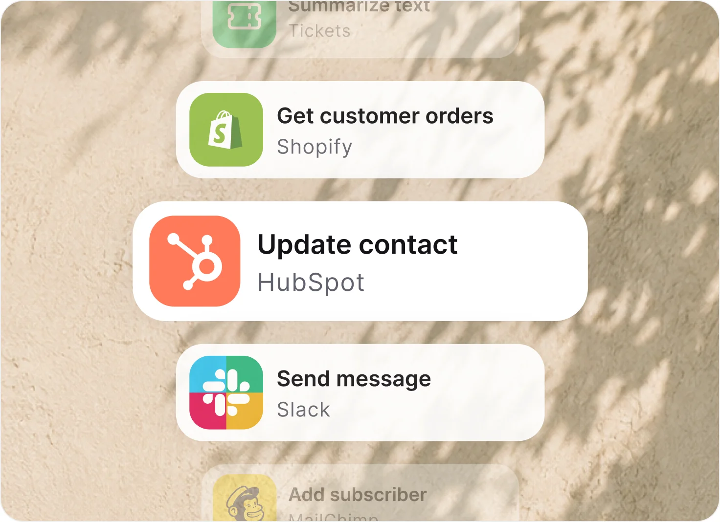Stack of automation cards: get customer orders from Shopify, update a contact in HubSpot, send a message in Slack, and add a subscriber in Mailchimp.