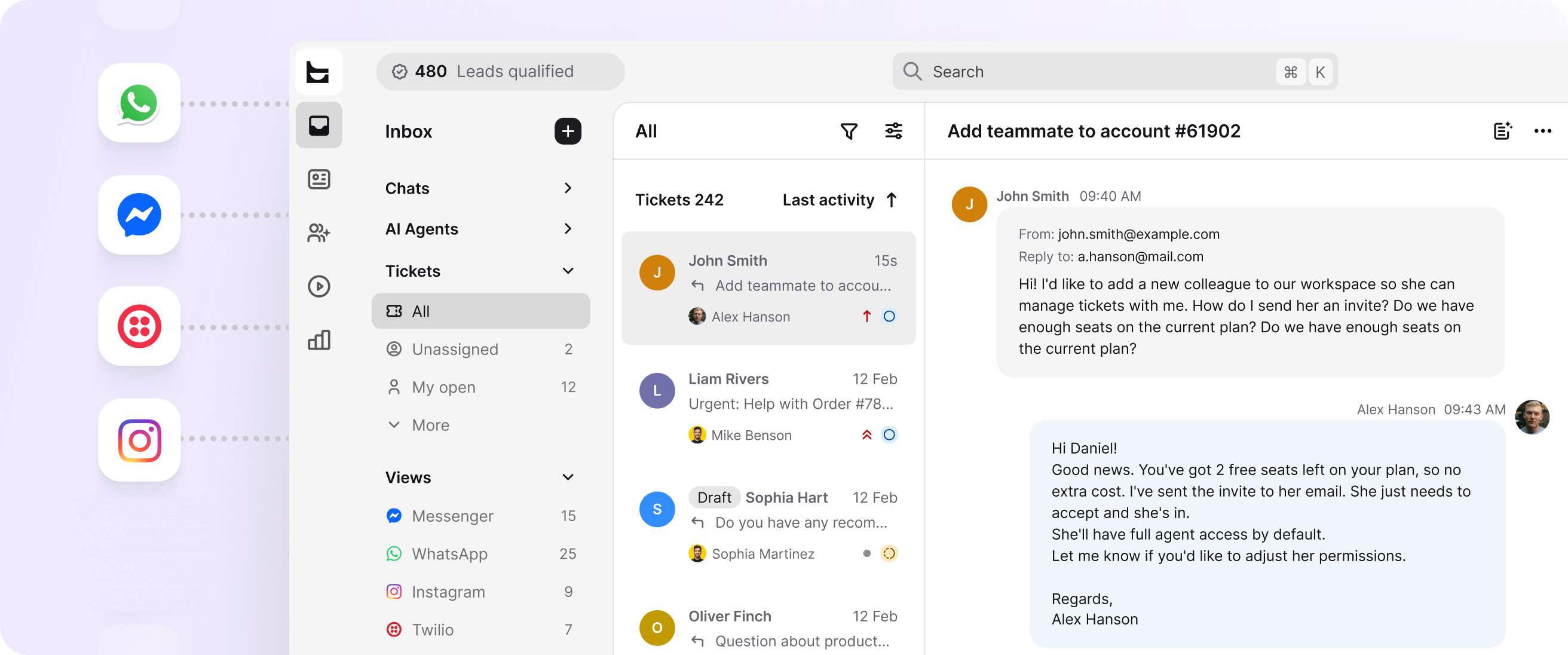 Messaging channels feeding one inbox in Text, with per-channel views in the sidebar and a conversation open next to them