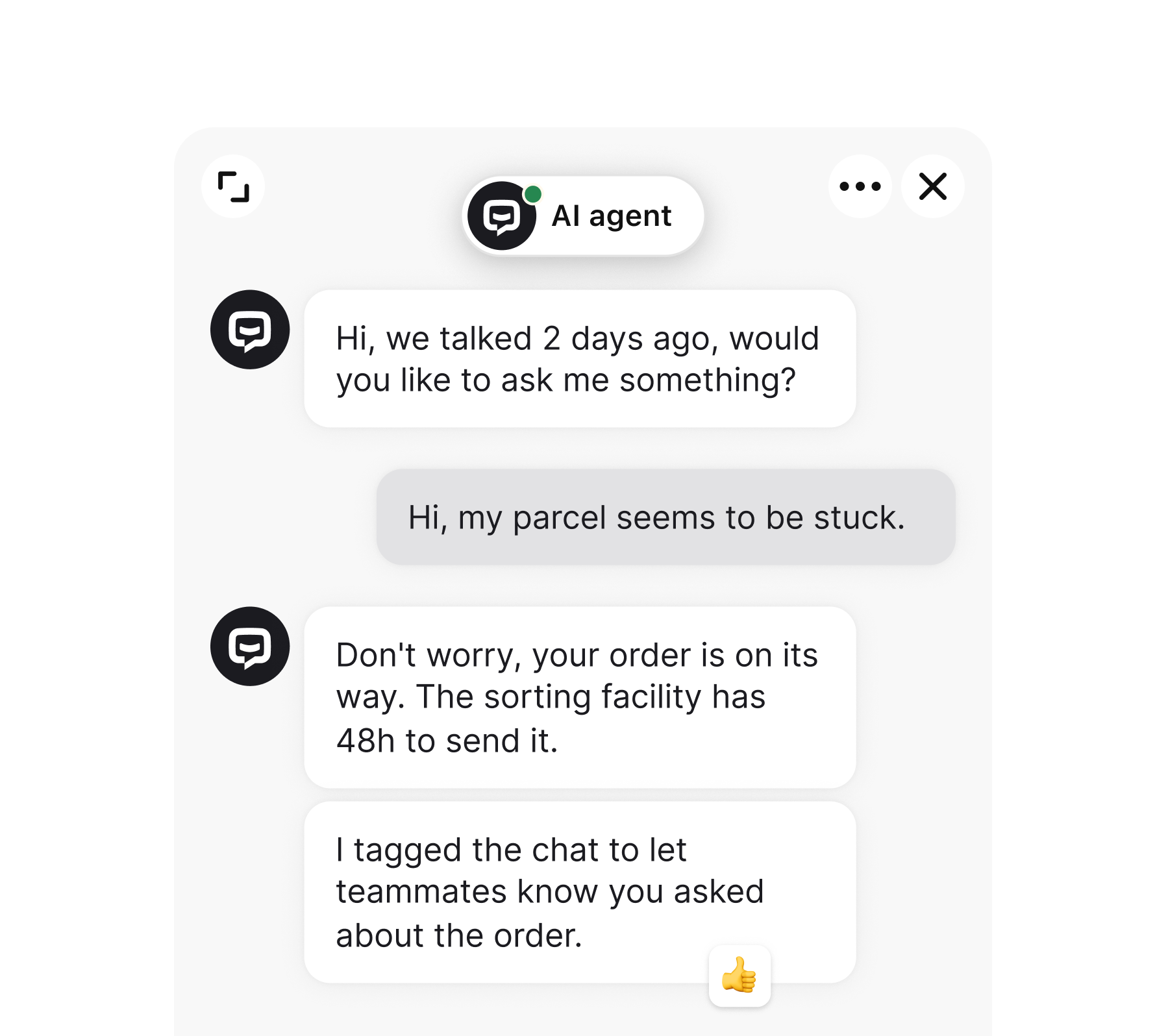 Chatbot widget powered by AI Assist feature, showing a conversation between a customer and an AI bot where the customer requests a new verification code.