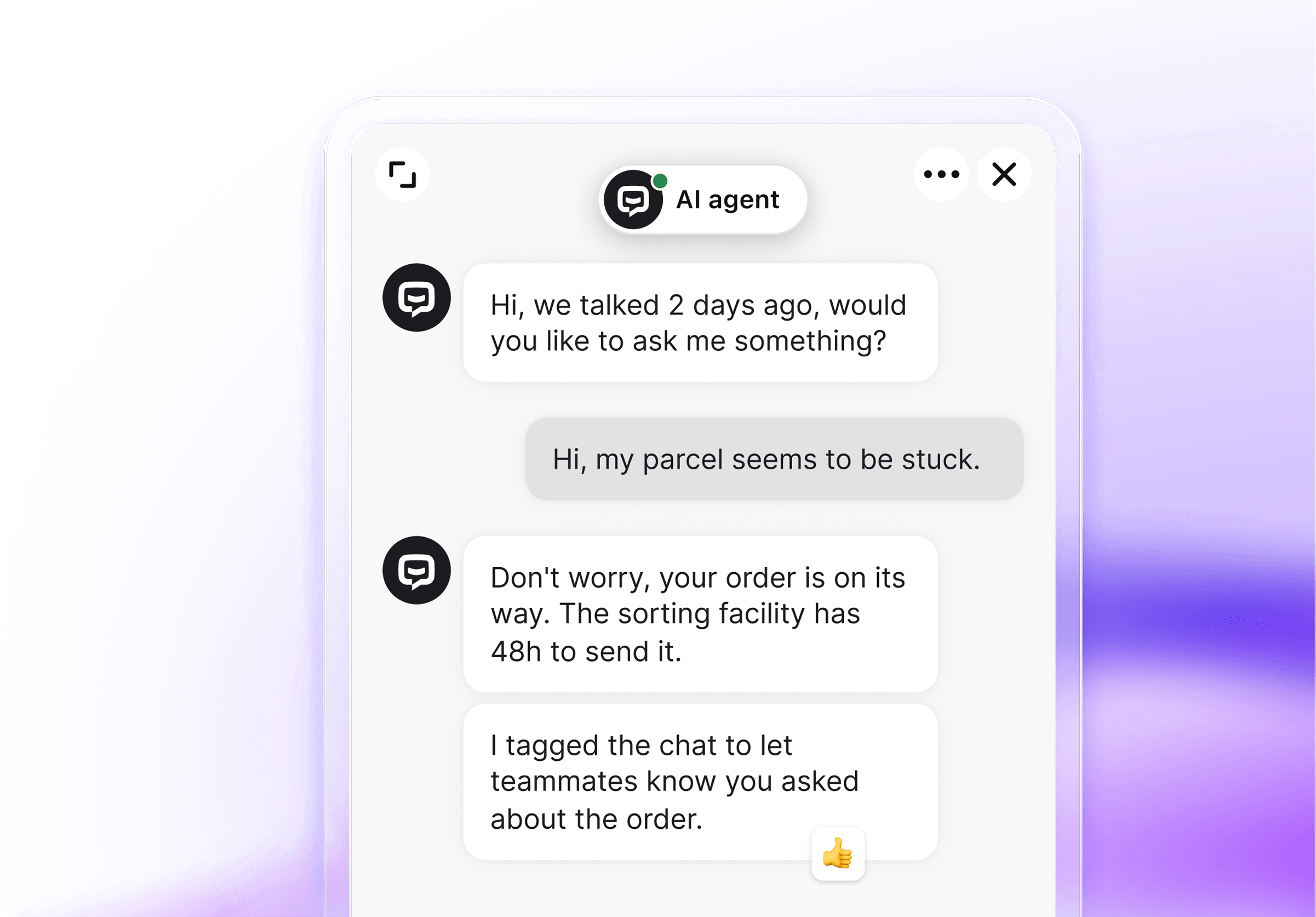 Chatbot widget powered by AI Assist feature, showing a conversation between a customer and an AI bot where the customer requests a new verification code.