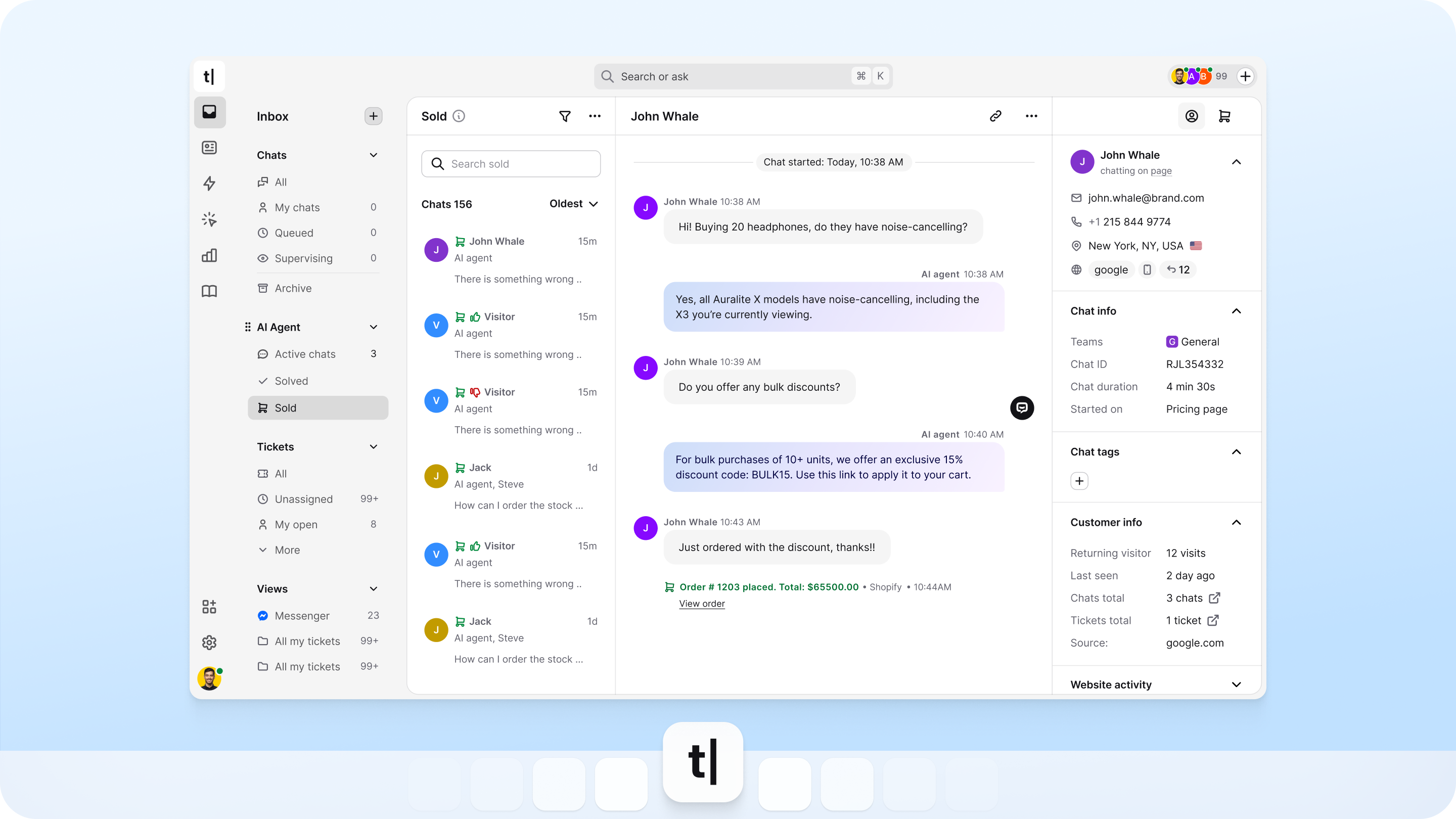 Text App for desktop showing inbox with chats, AI agent conversations, customer info, and Shopify order details.