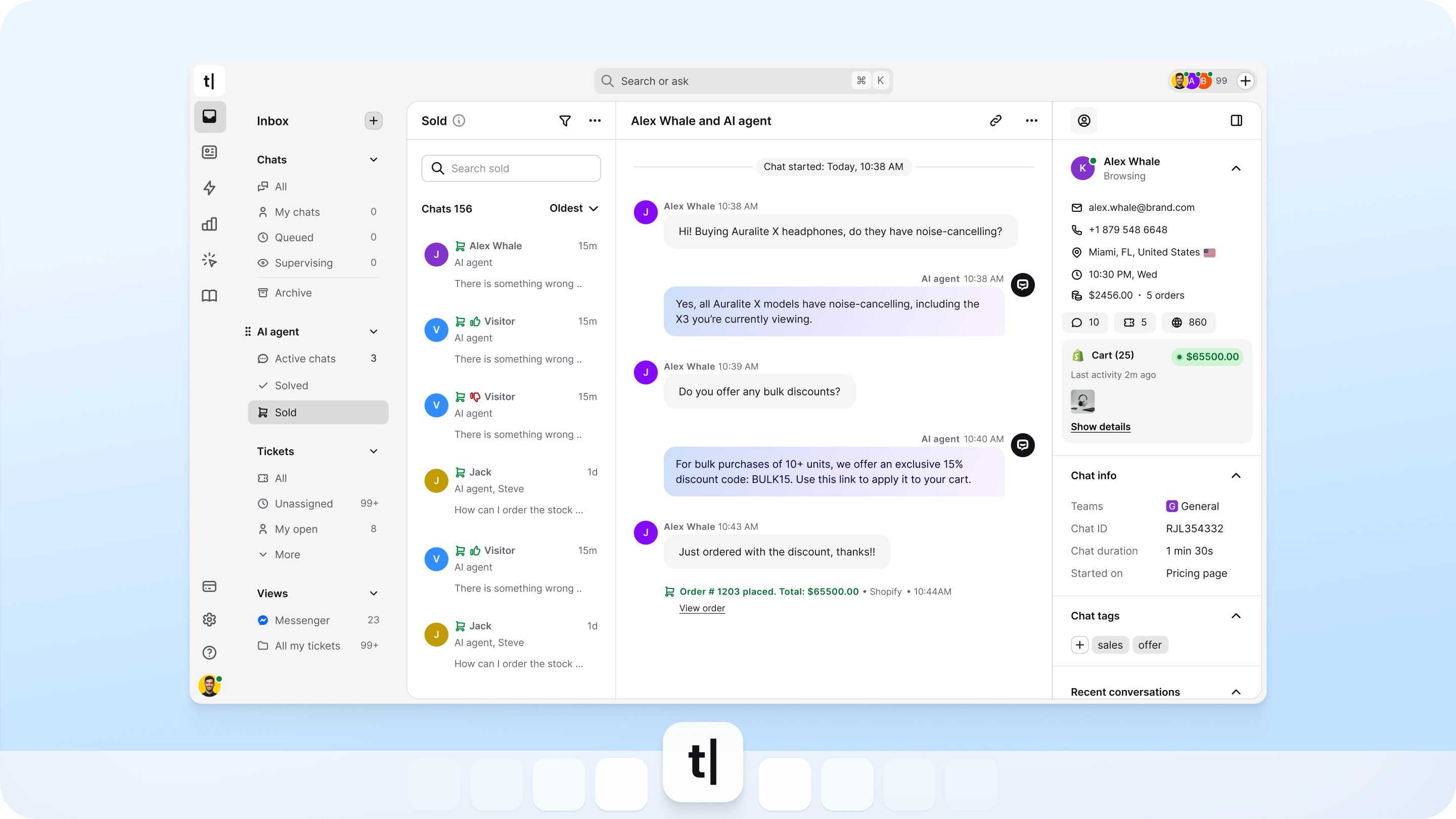 Text App for desktop showing inbox with chats, AI agent conversations, customer info, and Shopify order details.