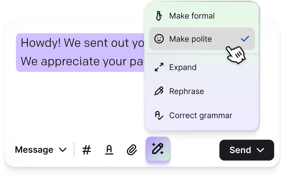 Text enhancement options including make formal, make polite, expand, rephrase, and correct grammar.